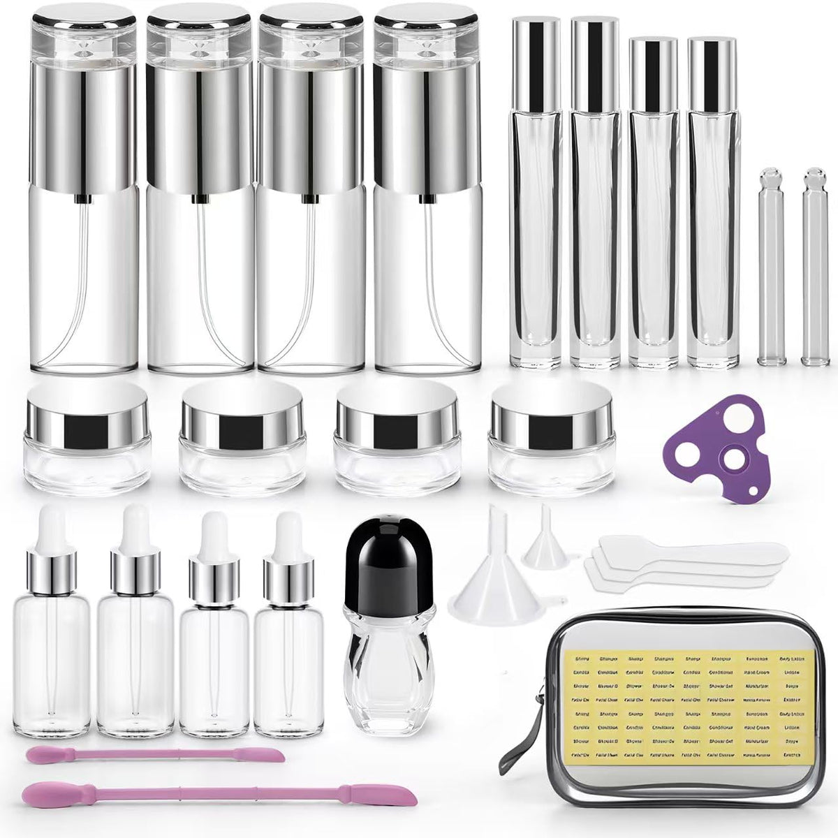 KOUWICH 34 Piece Glass Travel Bottles for Toiletries TSA Approved Mini Makeup Containers with Toiletry Bag Refillable BP