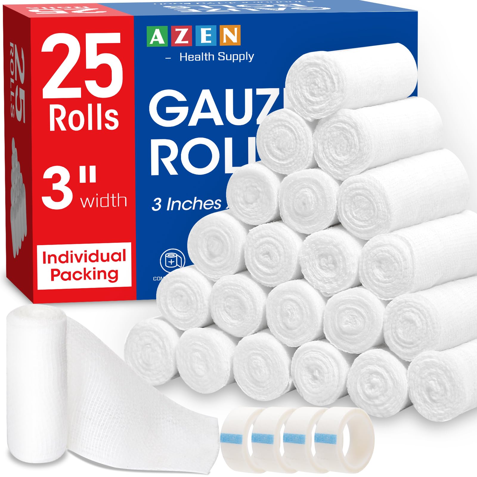 AZEN 25 Pack Gauze Rolls Bandages, 3 in x 4.1 Yards, Premium - Product Imagery