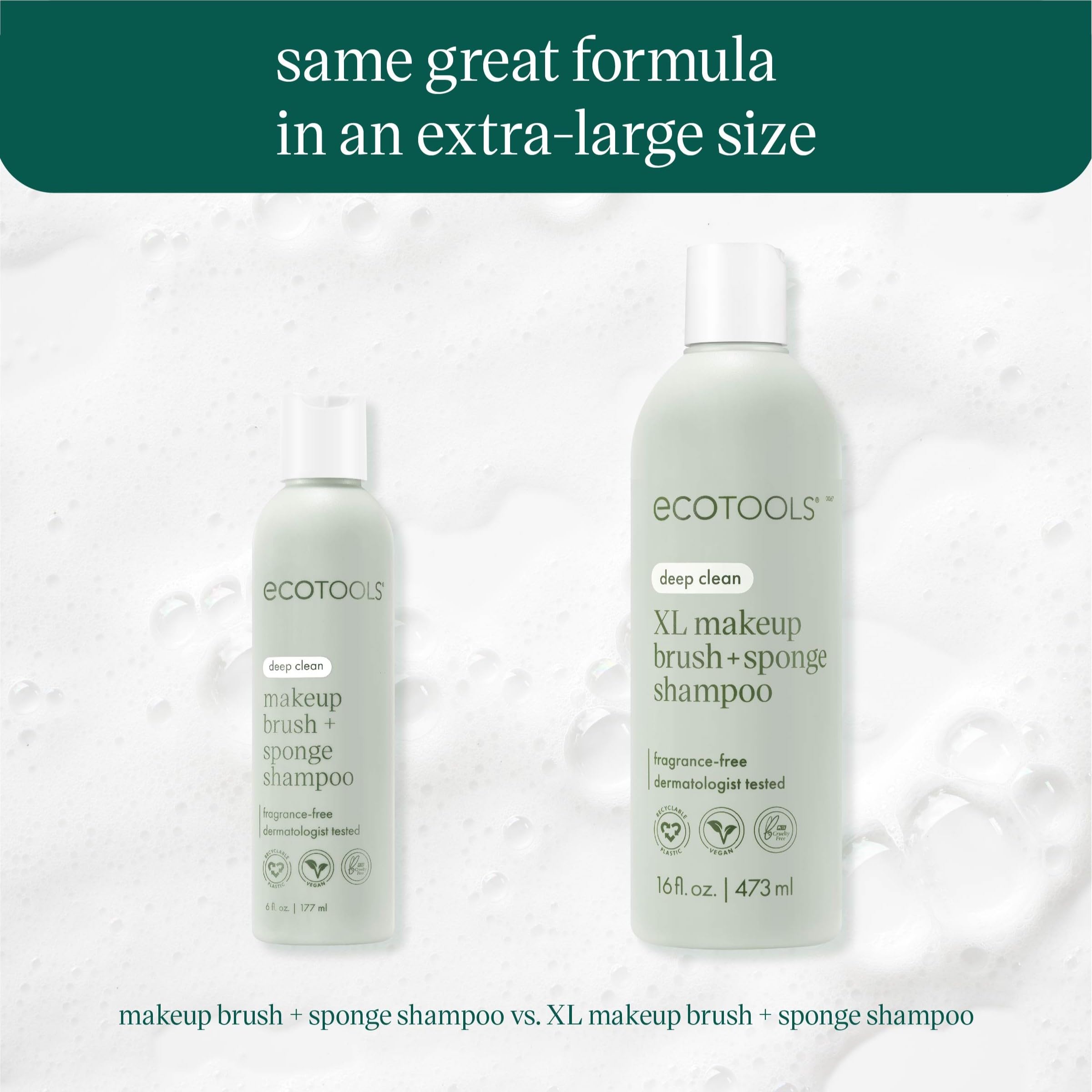 EcoTools XL makeup brush cleanser and sponge shampoo in a 16 oz fragrance-free bottle, designed for gentle makeup brush cleaning.