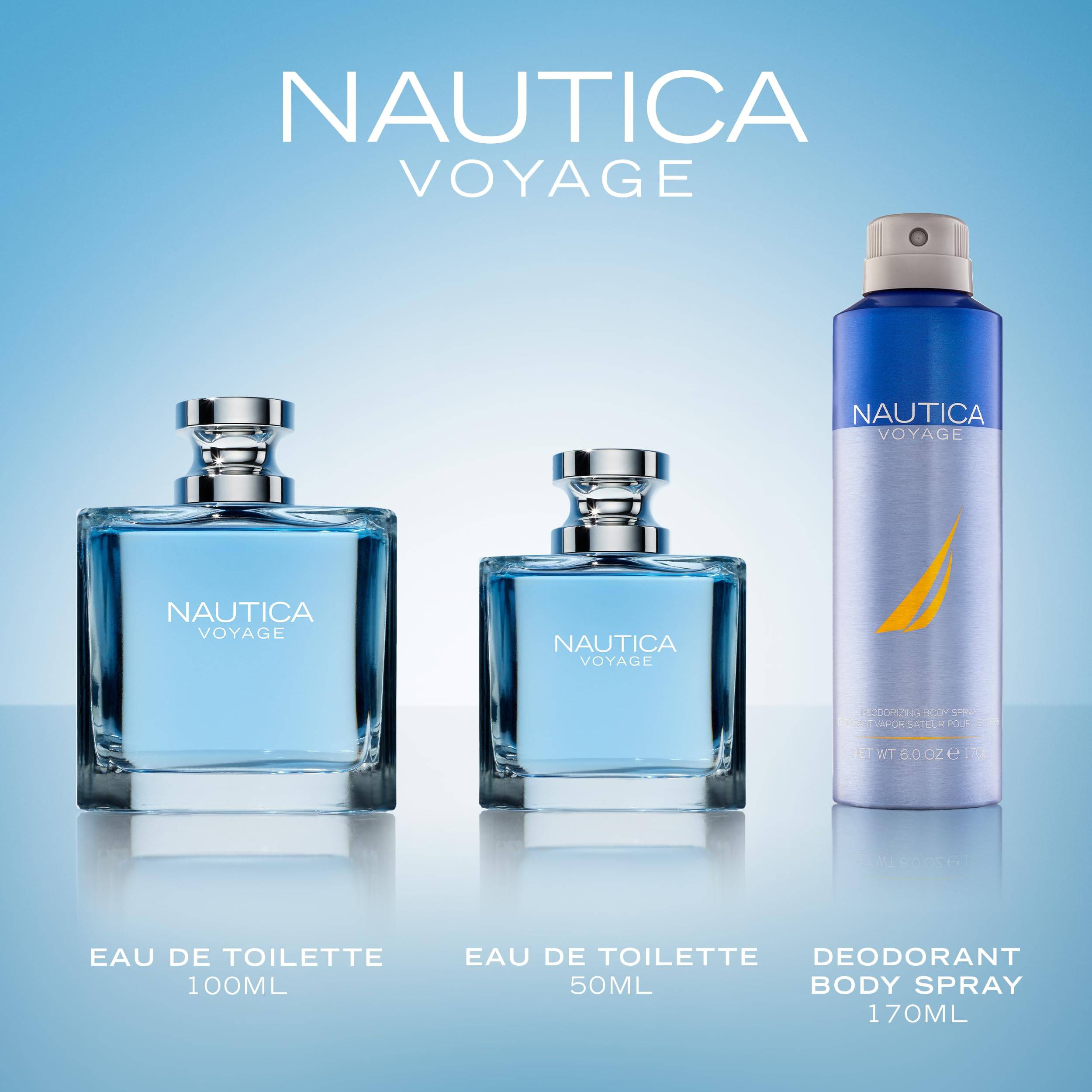 Nautica Voyage men's Eau de Toilette 3.3 fl oz bottle with navy blue cap and clear glass showcasing the fragrance.