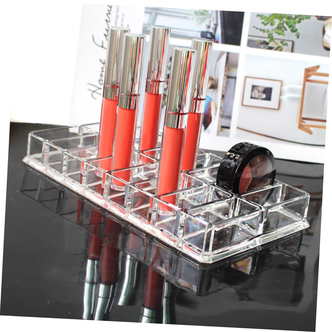 TEHAUX acrylic makeup display case with 16-grid double-row design for compact powders and cosmetics on vanity or beauty table.