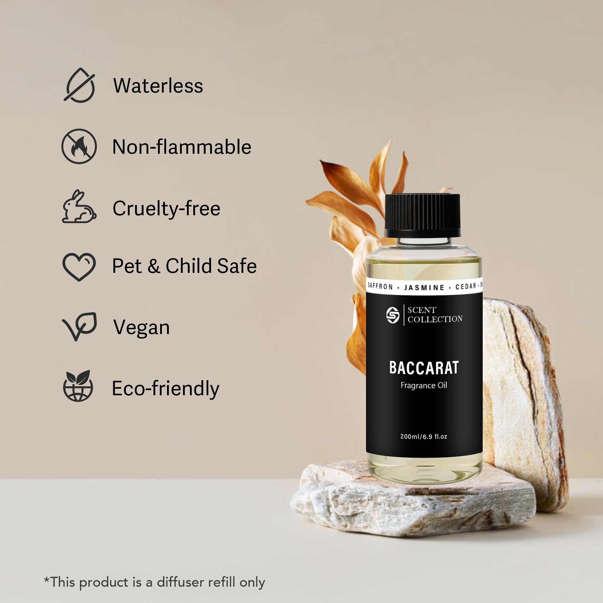 Scent Collection Baccarat Hotel diffuser oil in saffron cedar scent, 200ml bottle with essential oil for home fragrance.