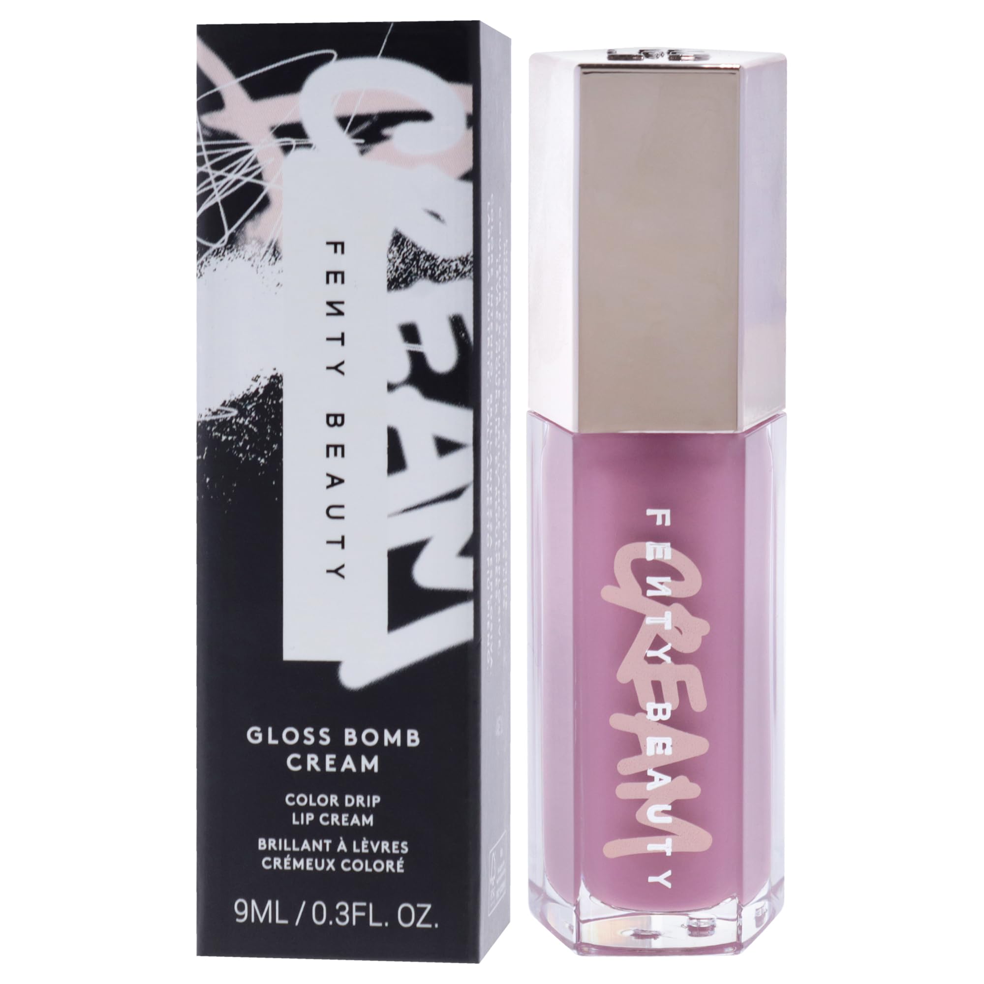 Fenty Beauty Gloss Bomb Cream Lip Color in Mauve Wives, 0.3 oz, showcasing the creamy mauve lipstick tube with the product label.