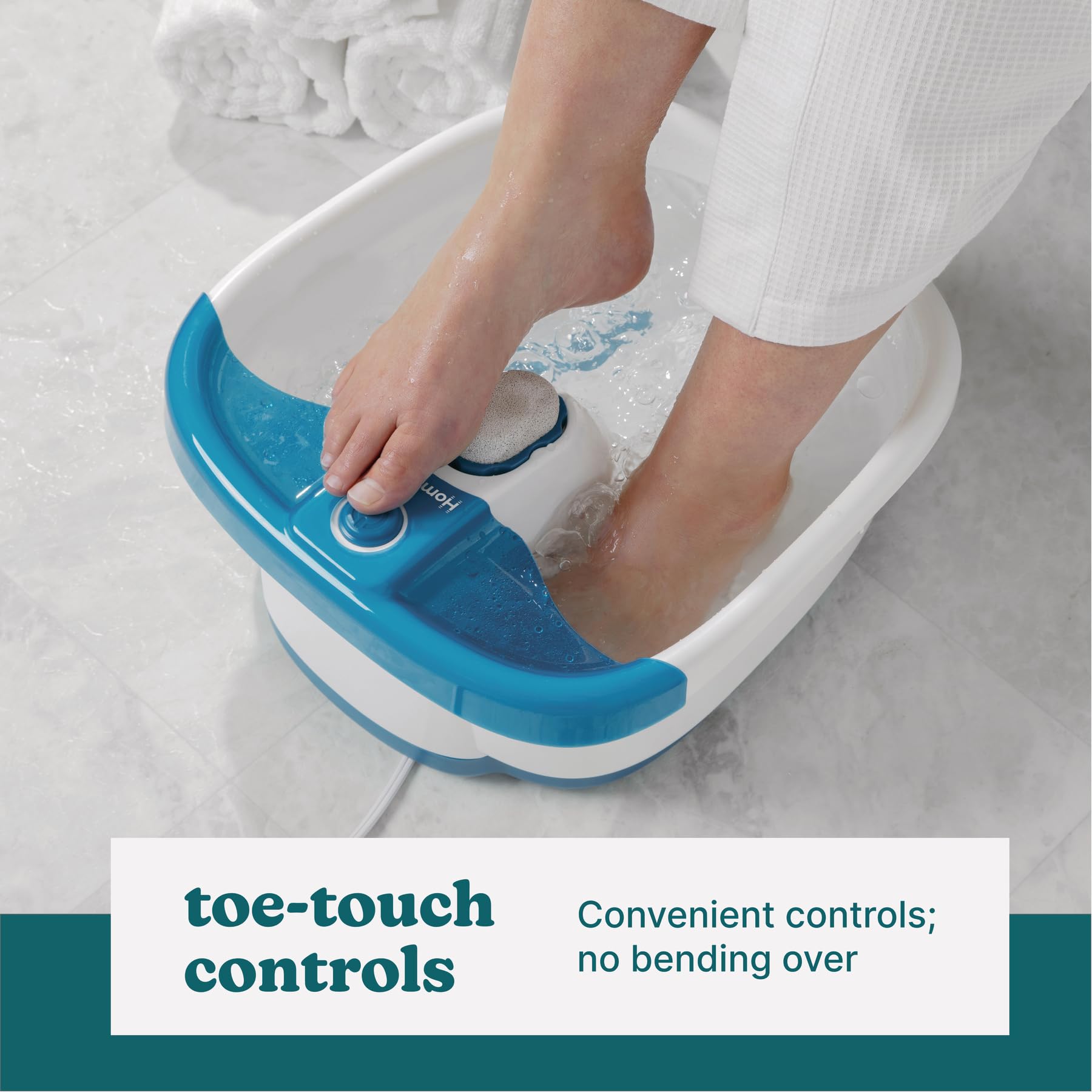 Homedics Bubble Mate foot spa massager with toe touch control, featuring soothing water jets and a comfortable foot basin.