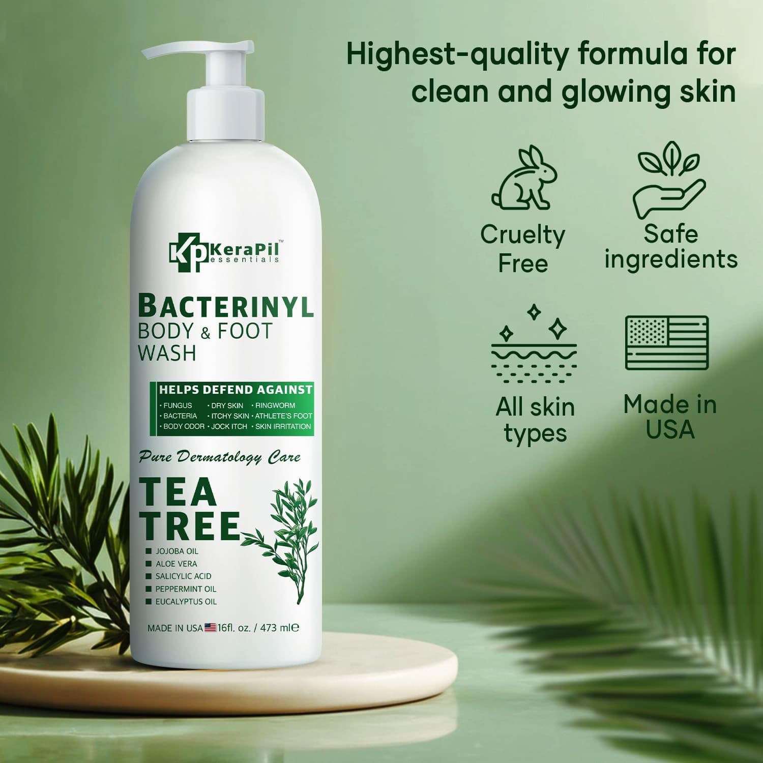 Kerapil Tea Tree Oil Body Wash in a 16 fl oz bottle, natural skin-cleaning agent with tea tree extract for refreshing cleansing.