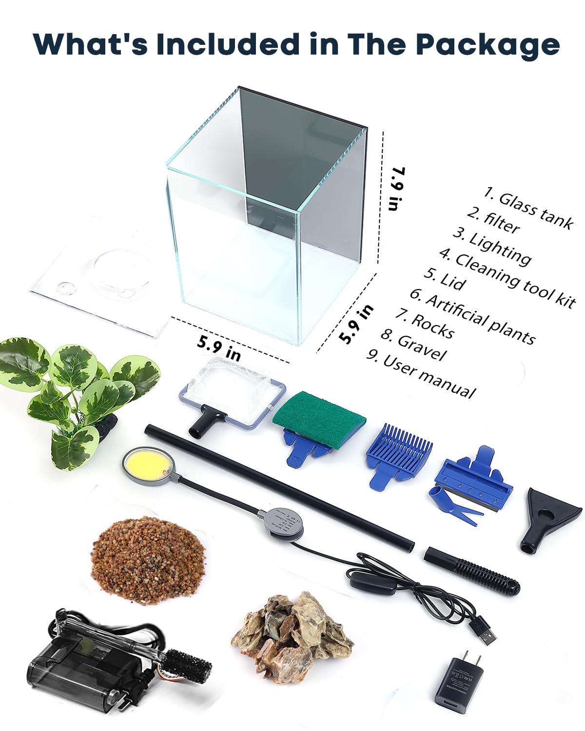 Wonderfactory 1.25 Gallon Fish Tank Small Glass Aquarium Kit Starter Set Dark Background – full view