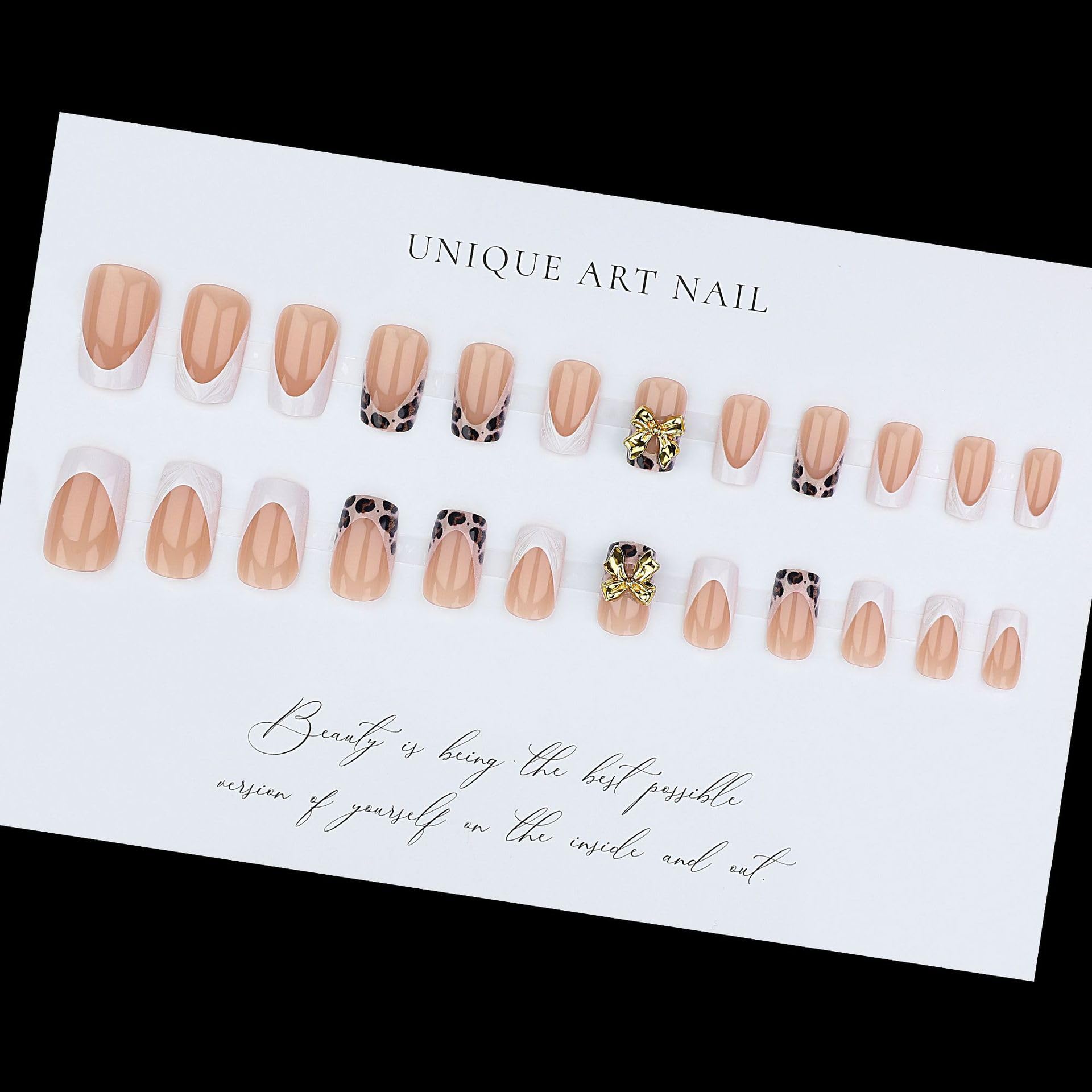 Medium square press-on nails with French tips, leopard print, 3D bows, glossy finish, reusable acrylic, 24 pieces for women’s nail art.