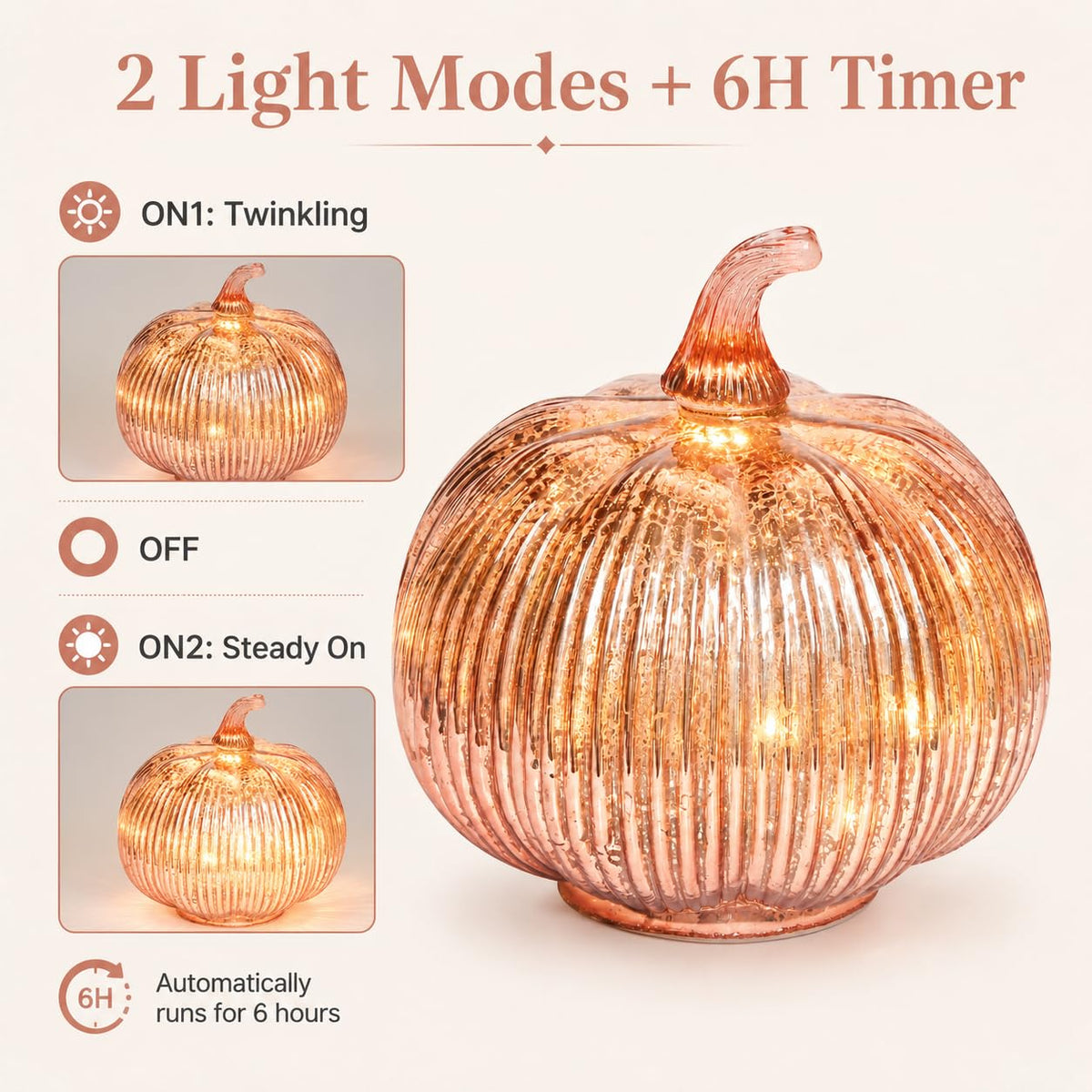 hvfun Rose Gold Glass Pumpkin Light with 2 Lighting Modes and 6-Hour Timer, 5.5 x 6 Inch Battery Operated Mercury Glass 