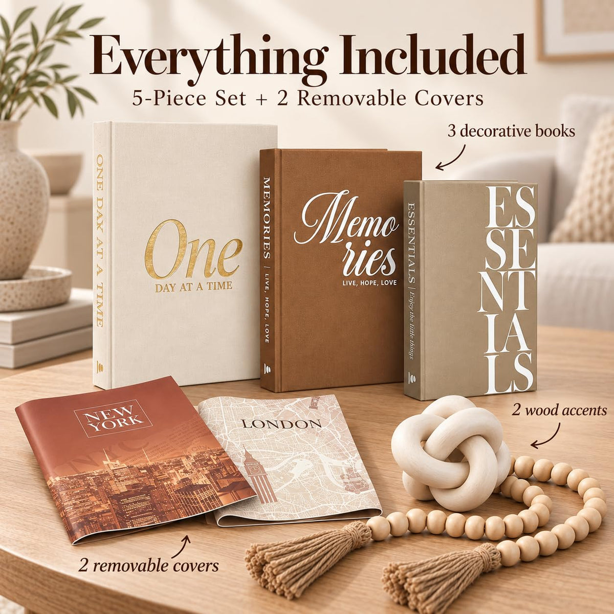 JULZEN 5Pcs Set: 3 Linen Decorative Books for Home Decor, Wood Knot & Bead Garland – packaging and label