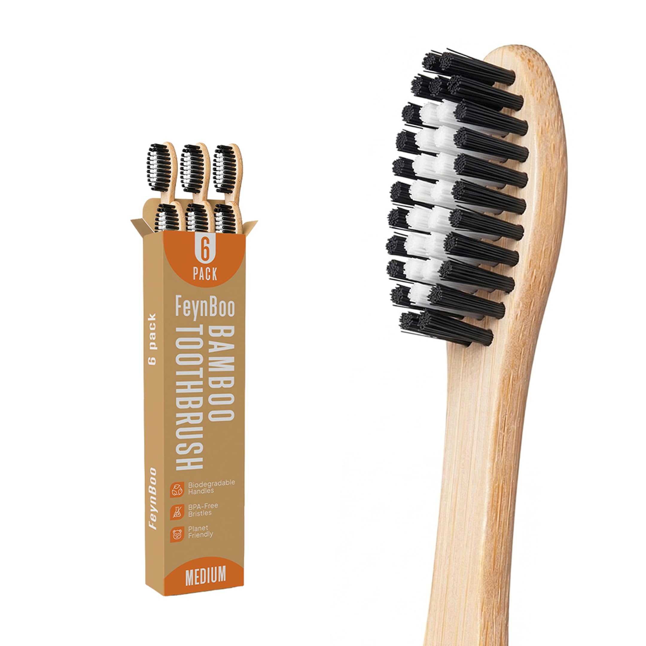 Bamboo Toothbrushes Medium Bristles 6 Pack - BPA Free Bristles - Product Imagery