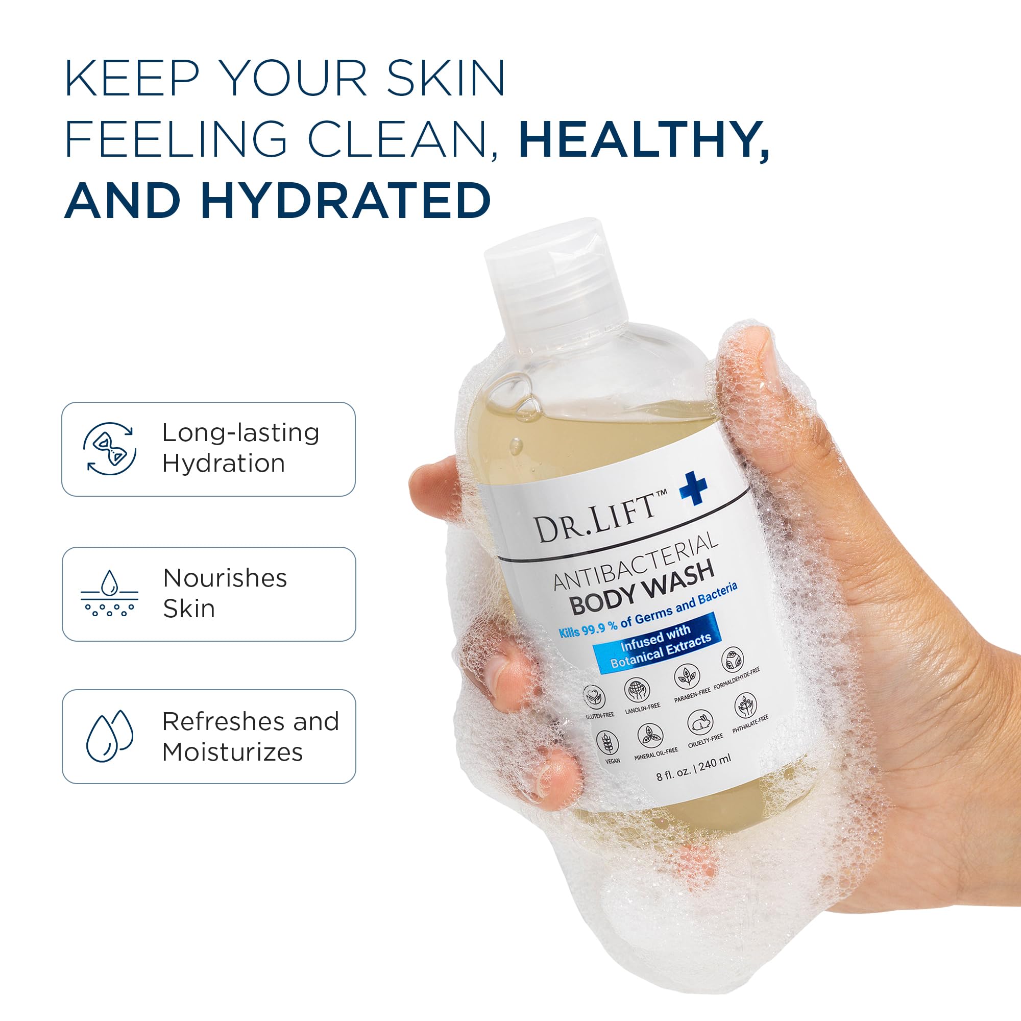 Dr. Lift antibacterial body wash with lemon and spirulina, vegan skin cleaning agent in a 8 fl oz bottle.