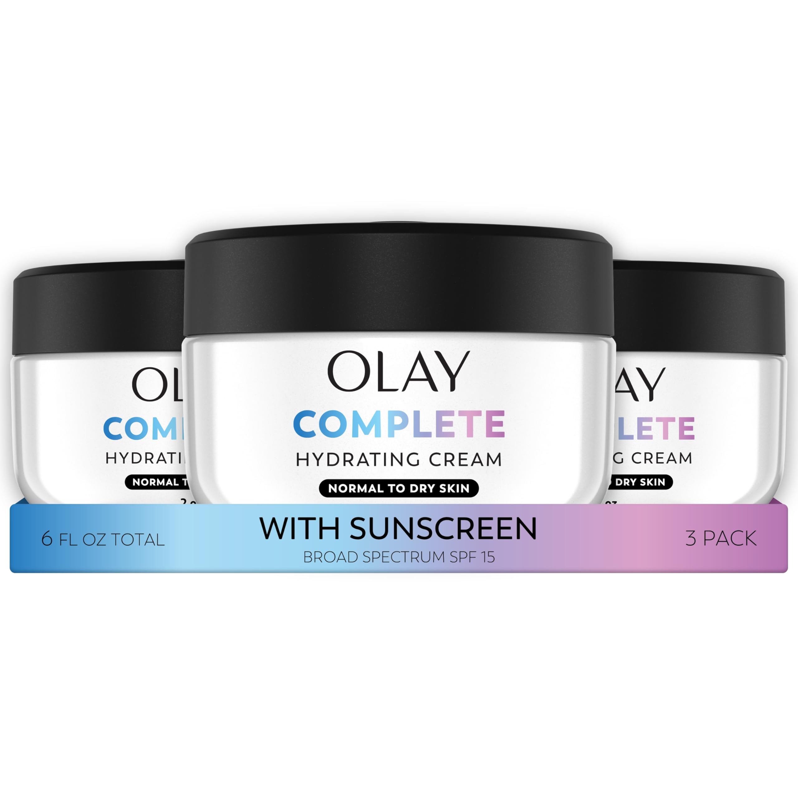 Olay Complete All Day UV Moisturizer with SPF 15, normal skin, 2 fl oz, in a tube, shown with a sun protection theme