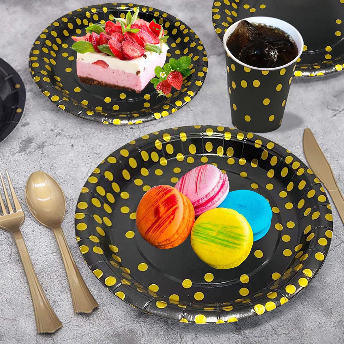 Runeaoys Halloween Black and Gold Party Decorations Supplies Paper Plates Napkin Set – back view and specifications