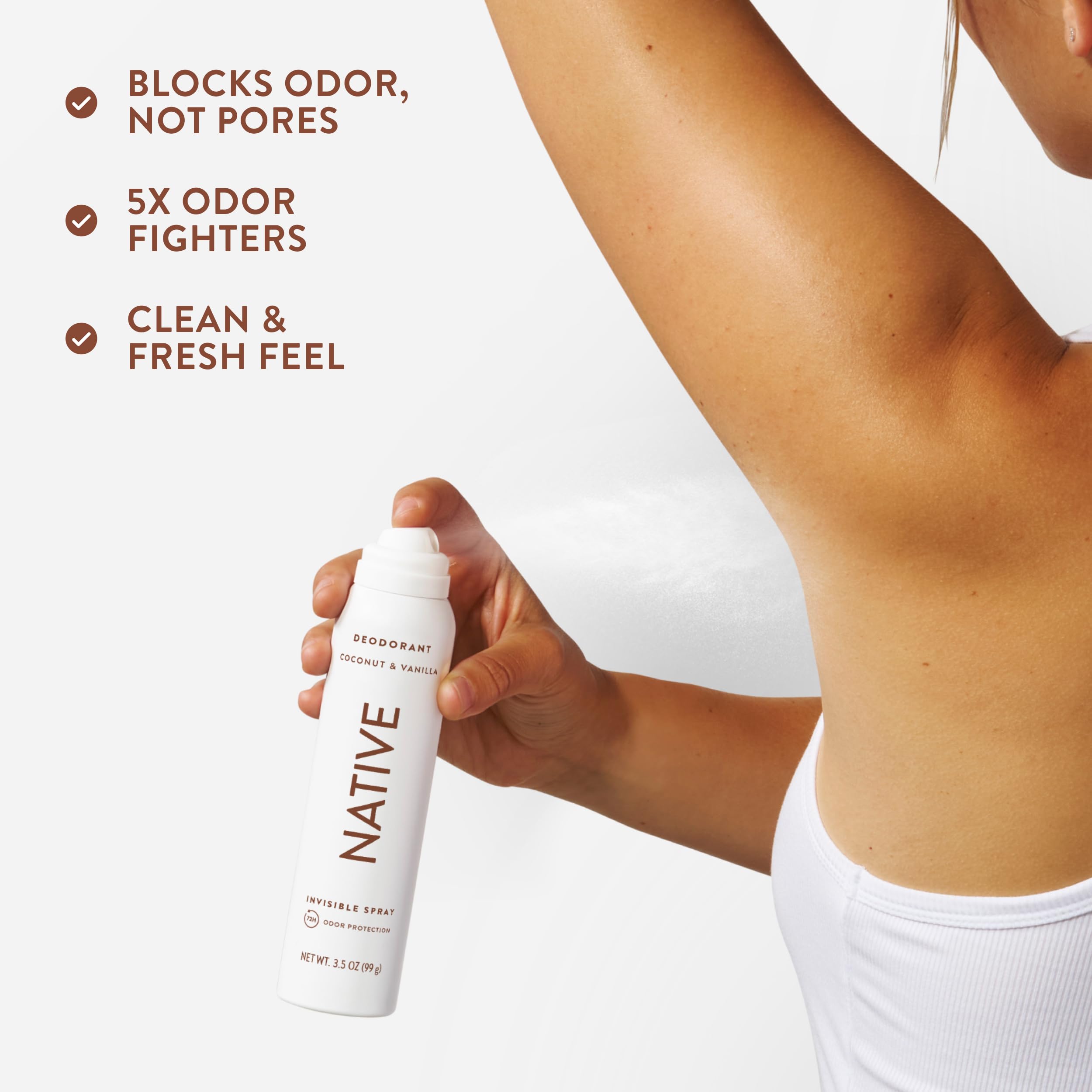 Native Aluminum-Free Deodorant Body Spray in Coconut Vanilla, 3.5oz, with a sleek spray bottle and tropical scent.