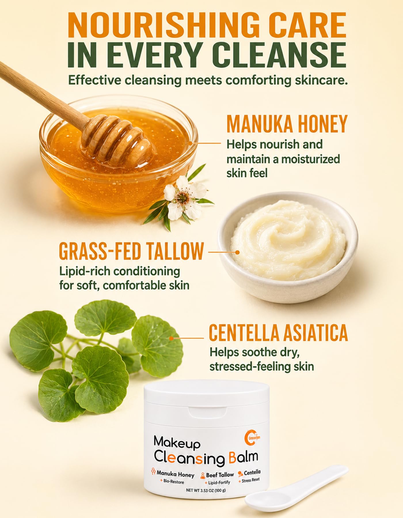 Grocerism Makeup Remover Cleansing Balm with Manuka Honey & Tallow, 3.53 oz