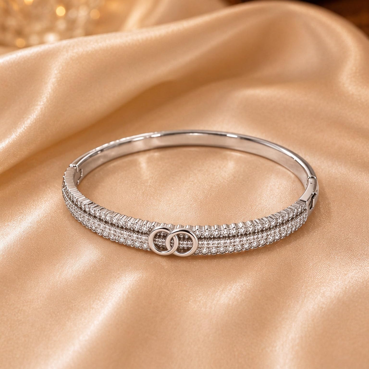 S925 Sterling Silver Interlocking Double C Hinged Bangle Bracelet, Triple Row Paved Cubic Zirconia Slim Cuff Luxury Eleg