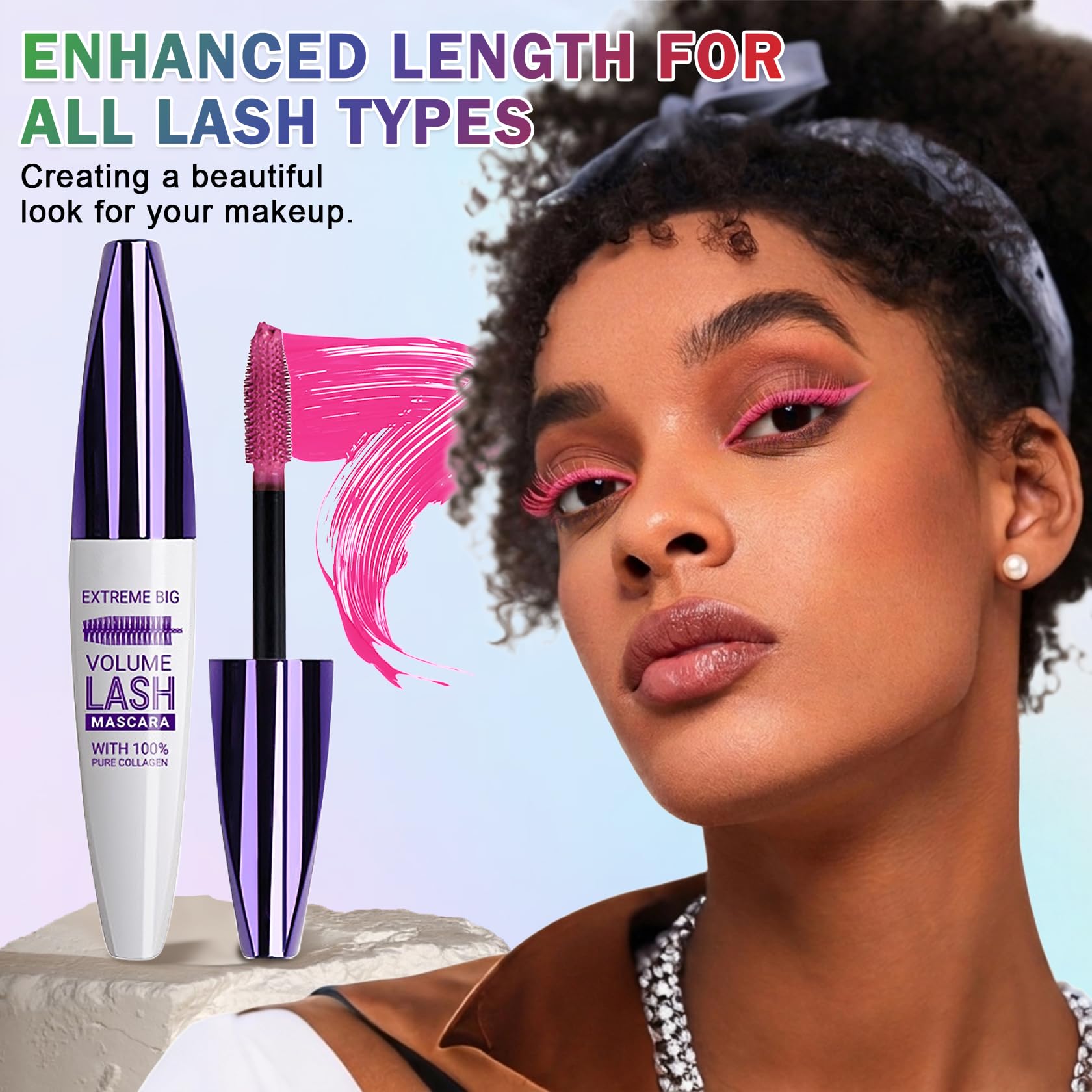 Pink waterproof mascara by Rosawee with 5D volume and length for bold, dramatic eyelashes.