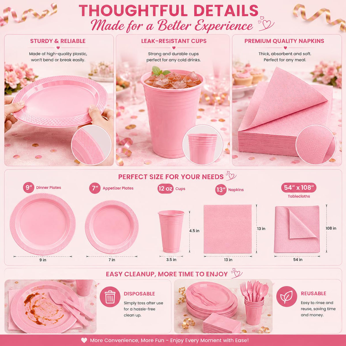 Tinybee 352 Pcs Pink Plastic Plates, Disposable Dinnerware Set for 50 – packaging and label