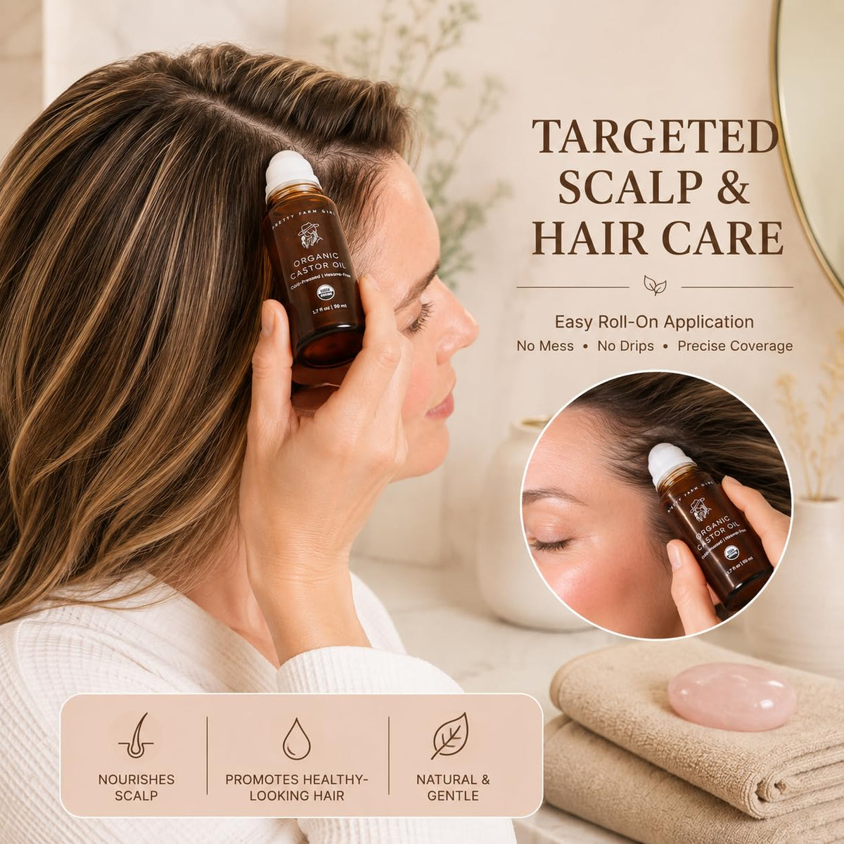 Pretty farm girl Organic Castor Oil Roller with Rose Quartz Roller Ball - 100% Pure Cold Pressed Hexane Free Roll On Cas