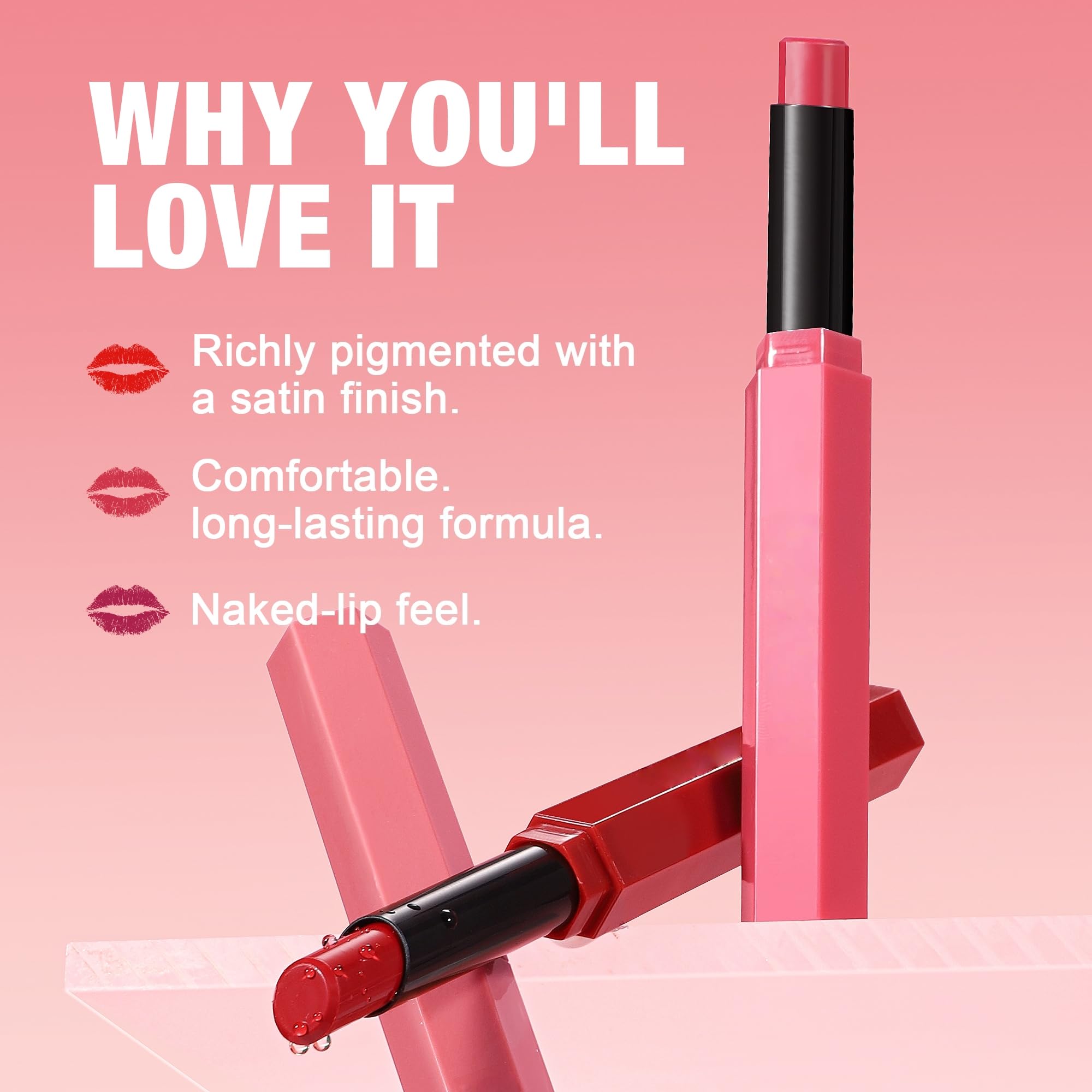 SAUBZEAN long-lasting matte lipstick in a satin lip color, featuring a sleek lipstick stick for women’s makeup.
