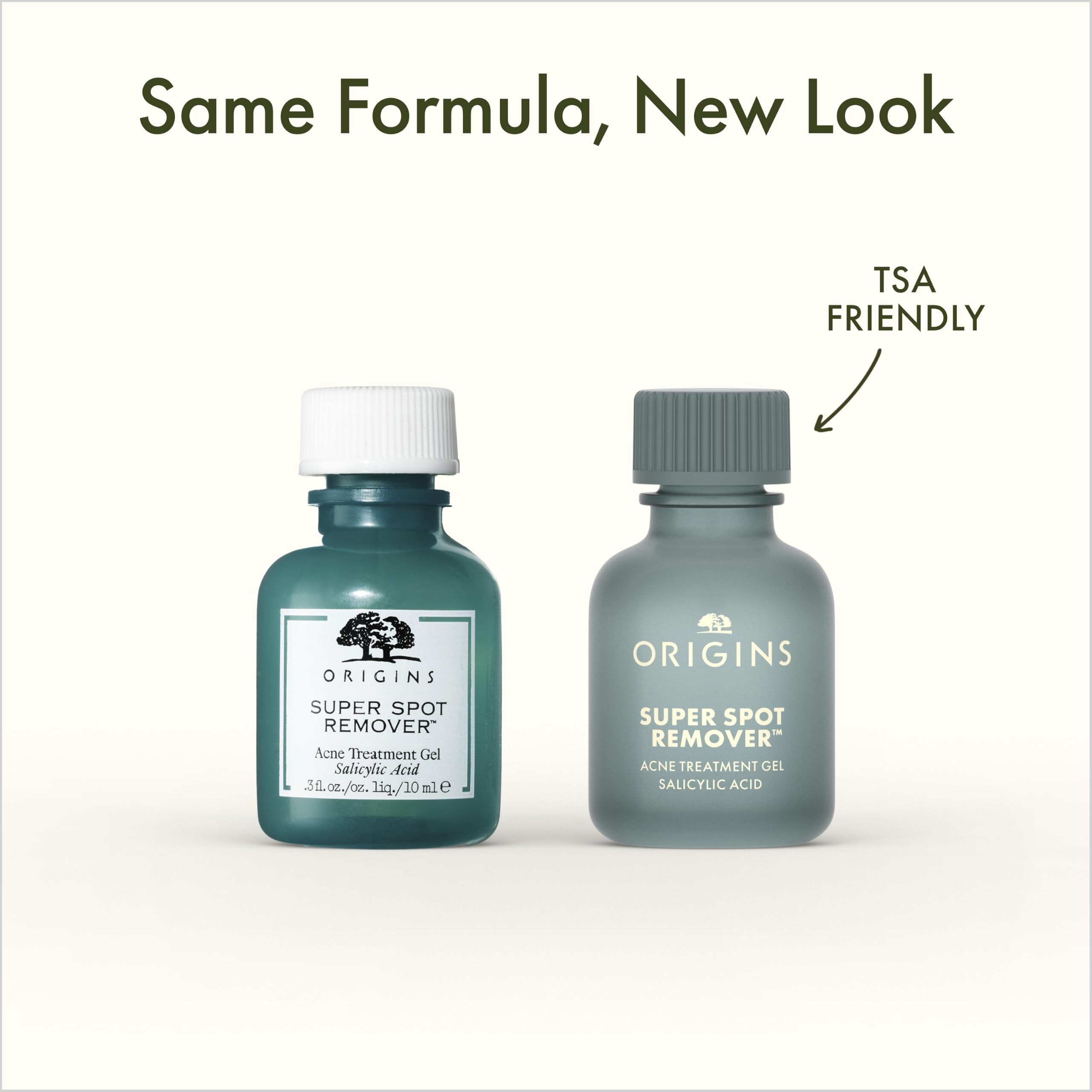 Origins Super Spot Treatment for Acne with salicylic acid, clear gel applied to blemishes on the skin in a 0.3 fl oz tube.