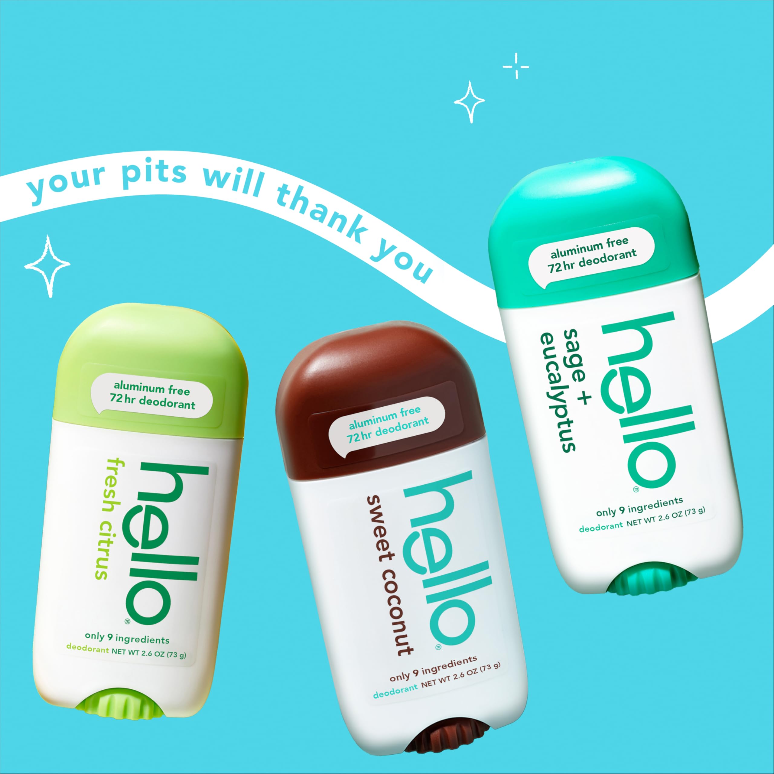 Hello aluminum-free deodorant variety 3-pack with 2.6 oz sticks, featuring natural ingredients in sleek packaging.