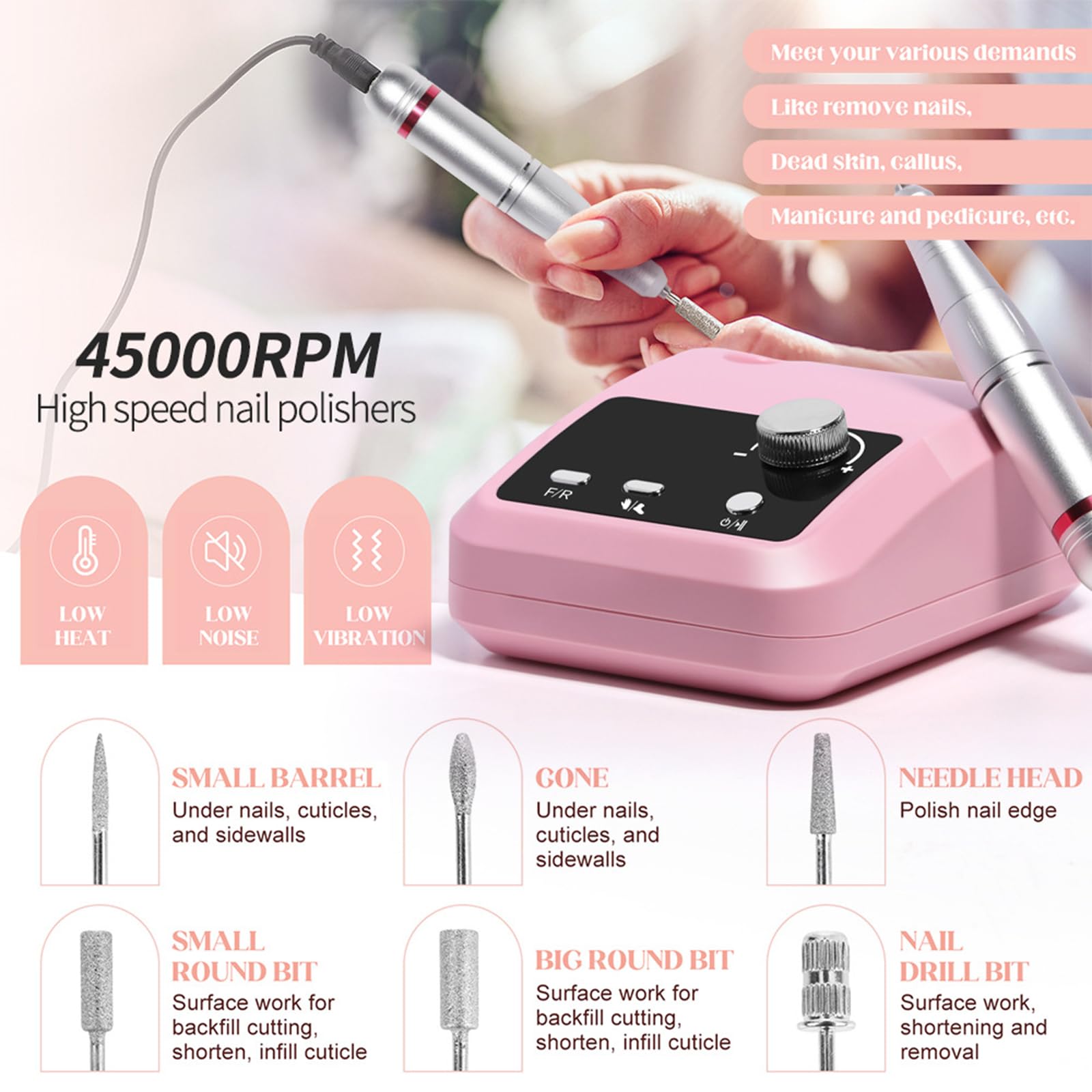 Generic multifunctional desktop nail drill with foot pedal, 45000RPM E-file with drill bits for manicures and pedicures.