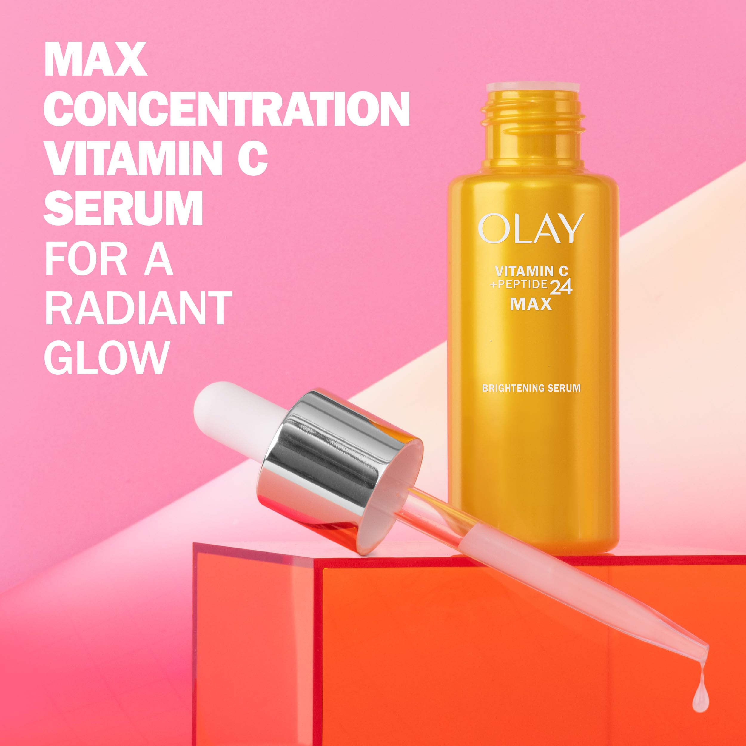 Olay Vitamin C Max Brightening Face Serum in 1.3 oz bottle, showing the sleek packaging and serum applicator.