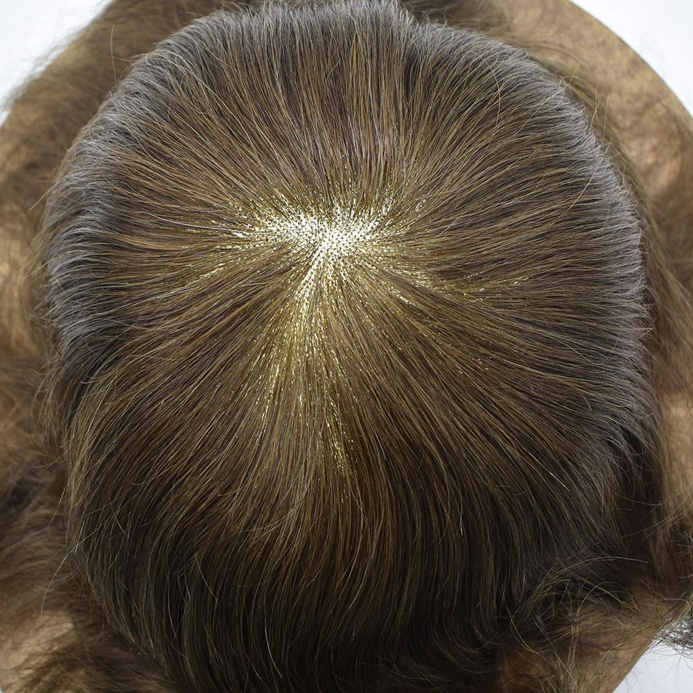 Curve Hair men's toupee wig in medium brown with monofilament base, 7x9 inches, showing natural human hair and durable poly coating.