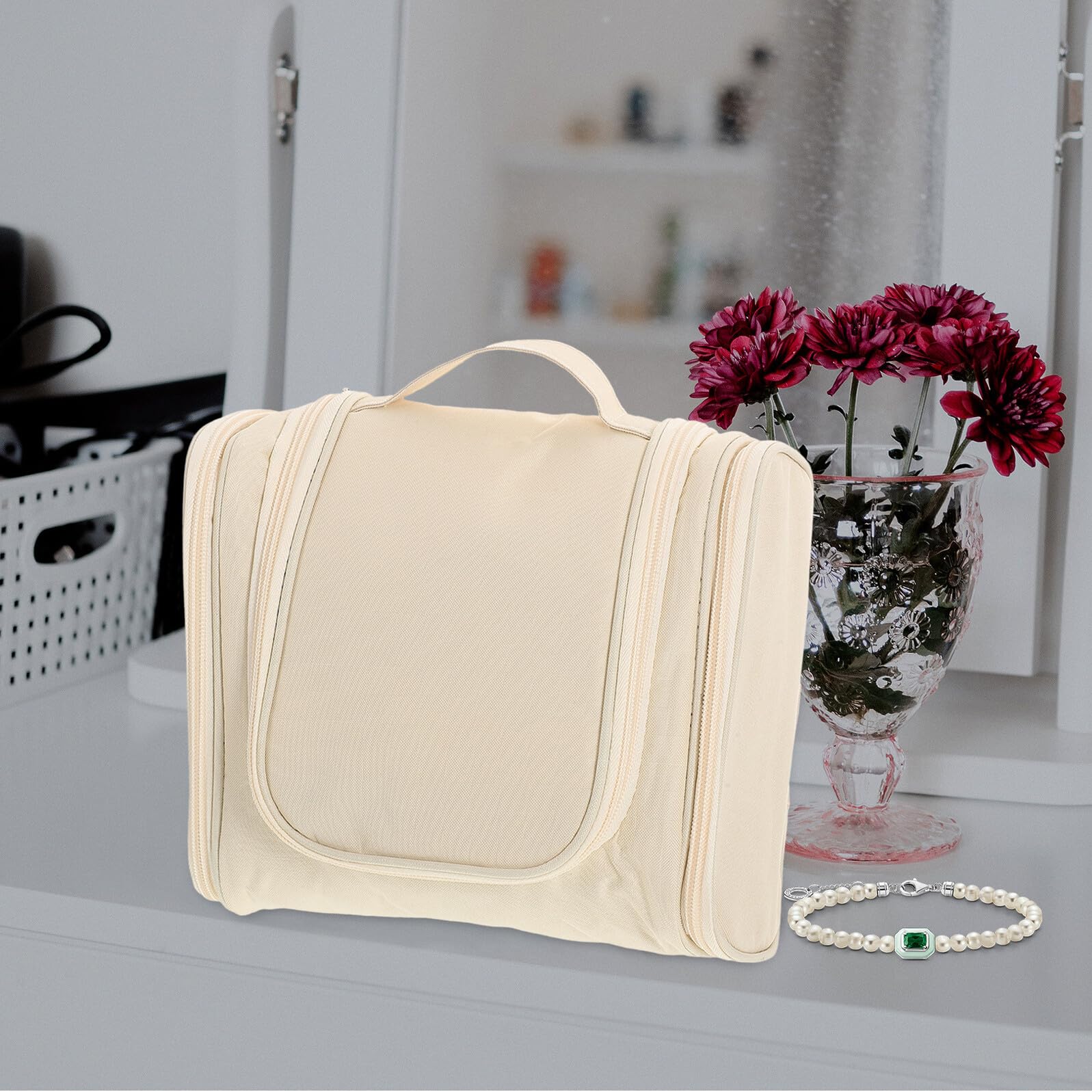 PartyKindom large waterproof cosmetic case with handle, beige travel makeup organizer for women’s toiletries and skincare storage.
