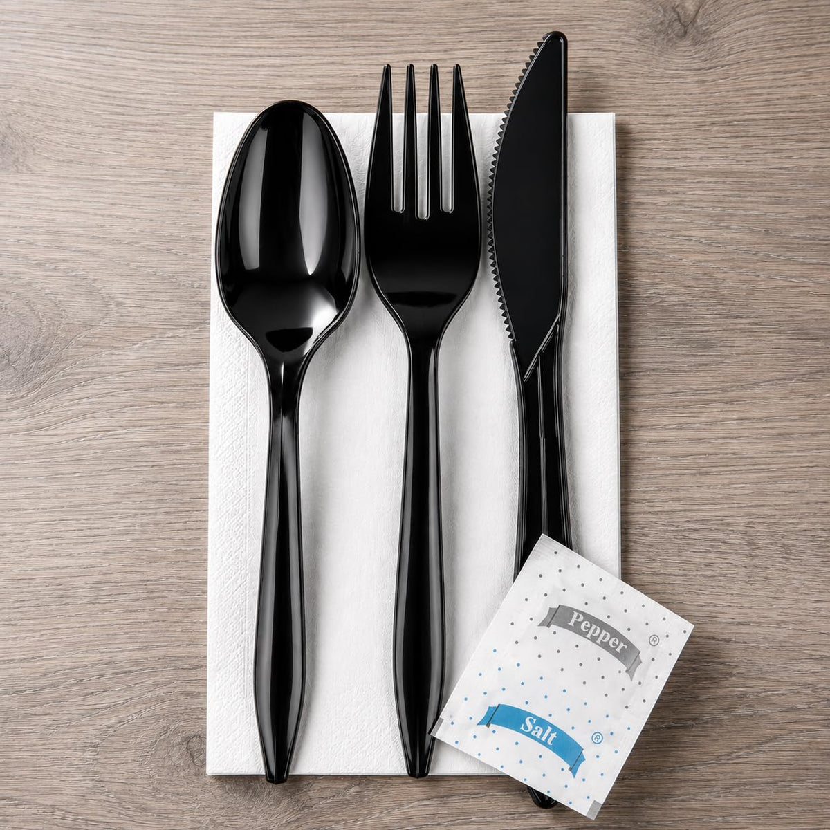 KitchenDine 100 Pack Medium Weight Wrapped Black Plastic Cutlery Pack with Napkin and Salt/Pepper Packets (Black) – Blac