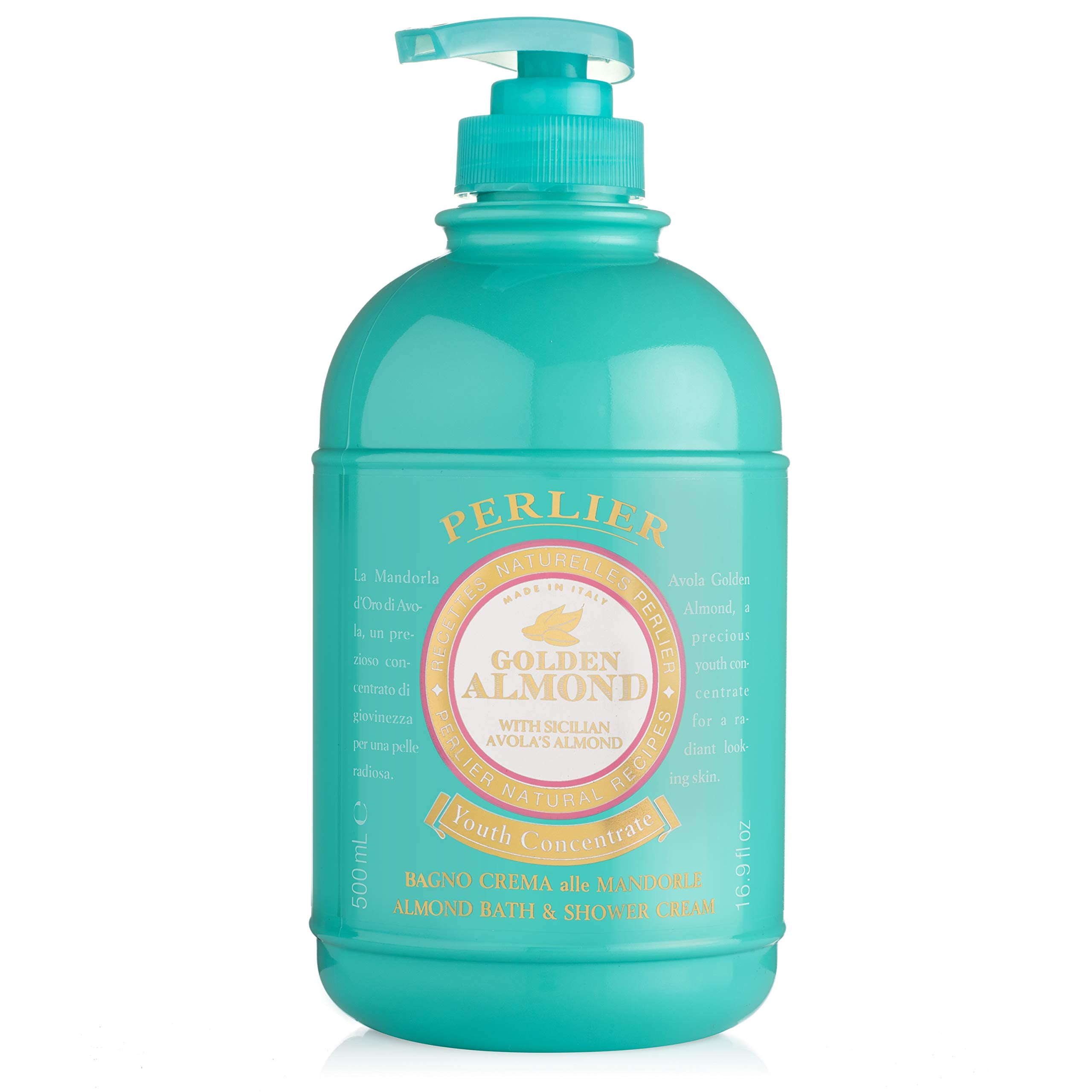 Perlier Golden Almond Bath & Shower Cream with almond blossom scent, creamy moisturizer with vitamin E, soft foaming cleanser.