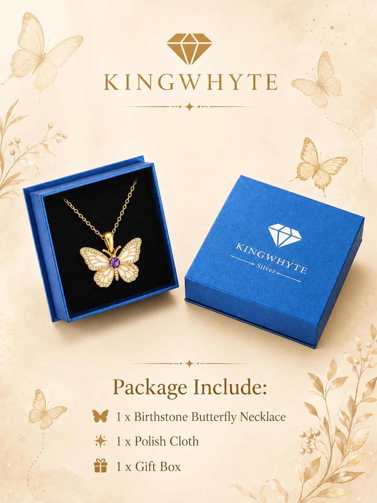 KINGWHYTE Birthstone Butterfly Necklace 925 Sterling Silver for Women – alternate angle