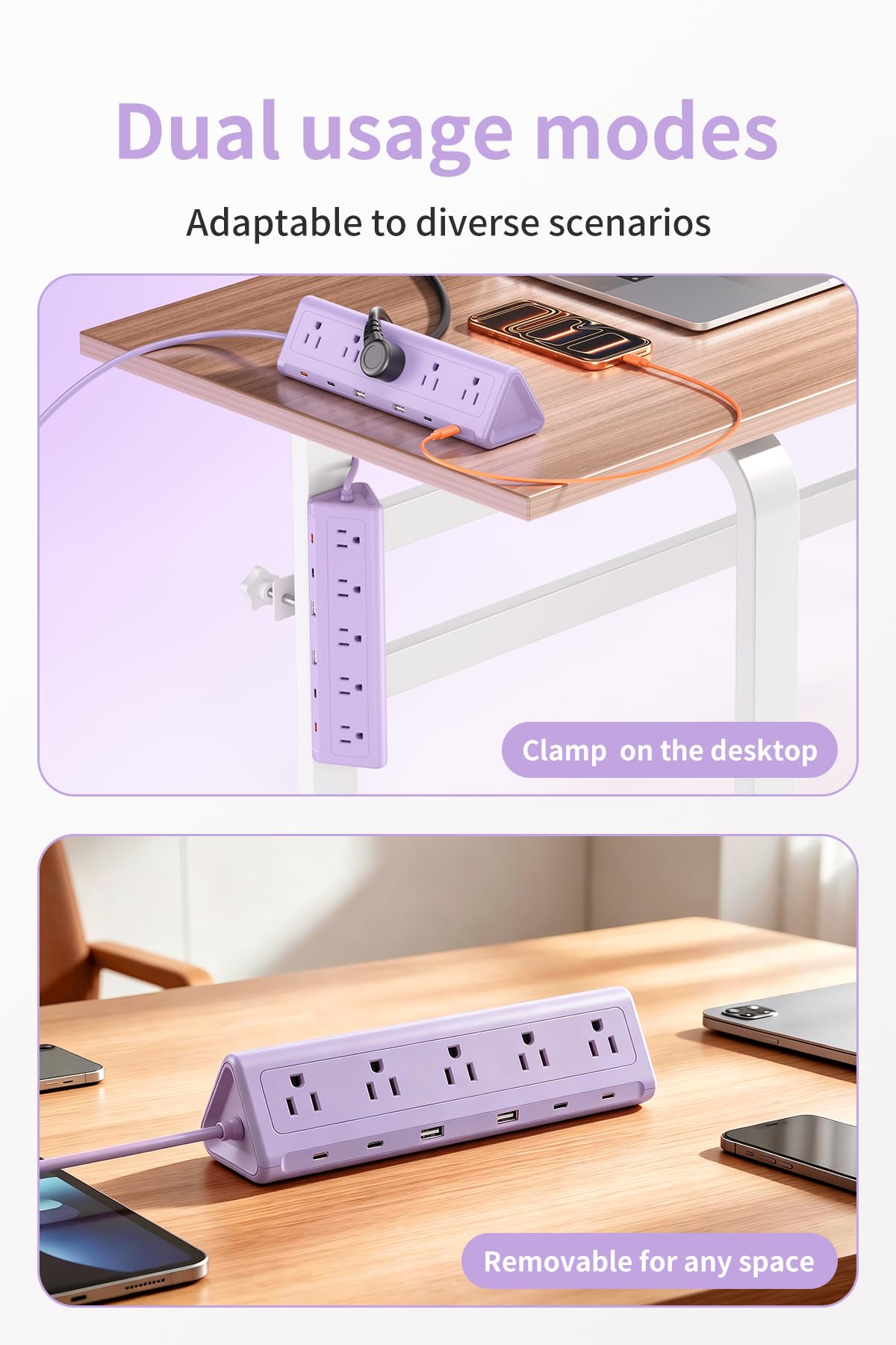 SMALLRT Purple Desk Clamp Power Strip with 6.5 FT Extension Cord, PD 40W USB-C Fast Charging Ports, 5 AC Outlets 4 USB-C