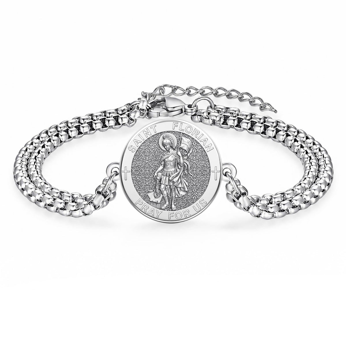 KINGWHYTE 925 Sterling Silver Saint Patron Medal Bracelet for Men Women – Silver-Saint Florian, 20mm