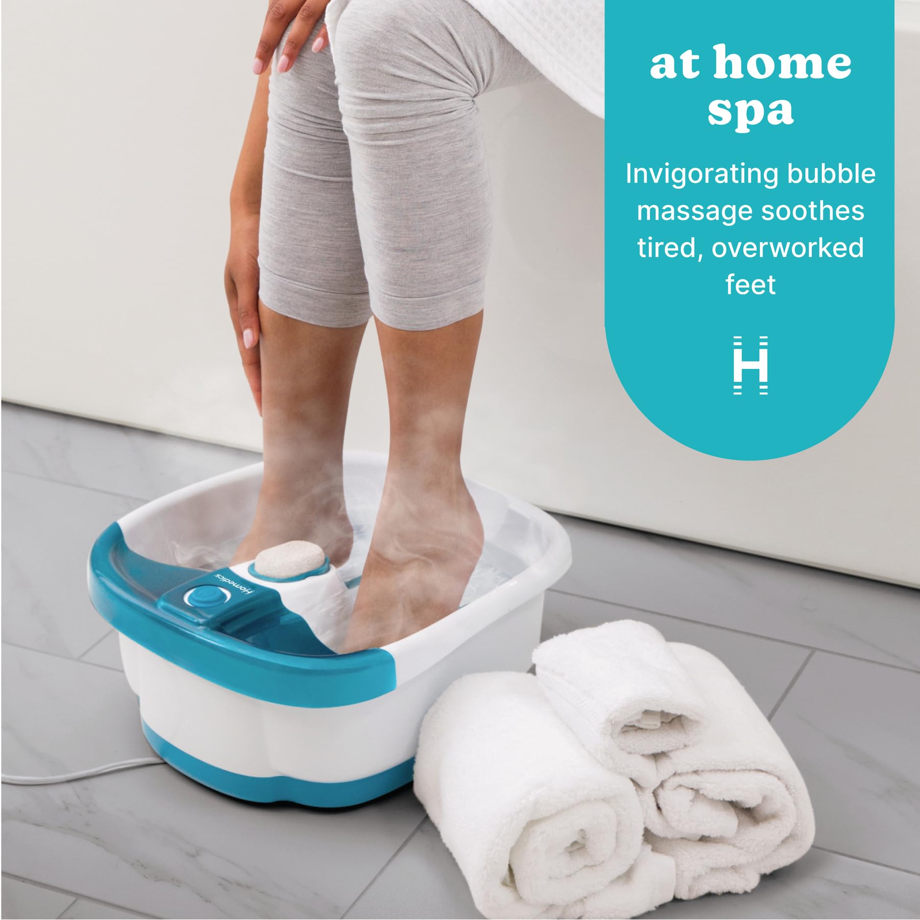 Homedics Bubble Mate foot spa massager with toe touch control, featuring bubbling jets and a comfortable foot basin for relaxation.