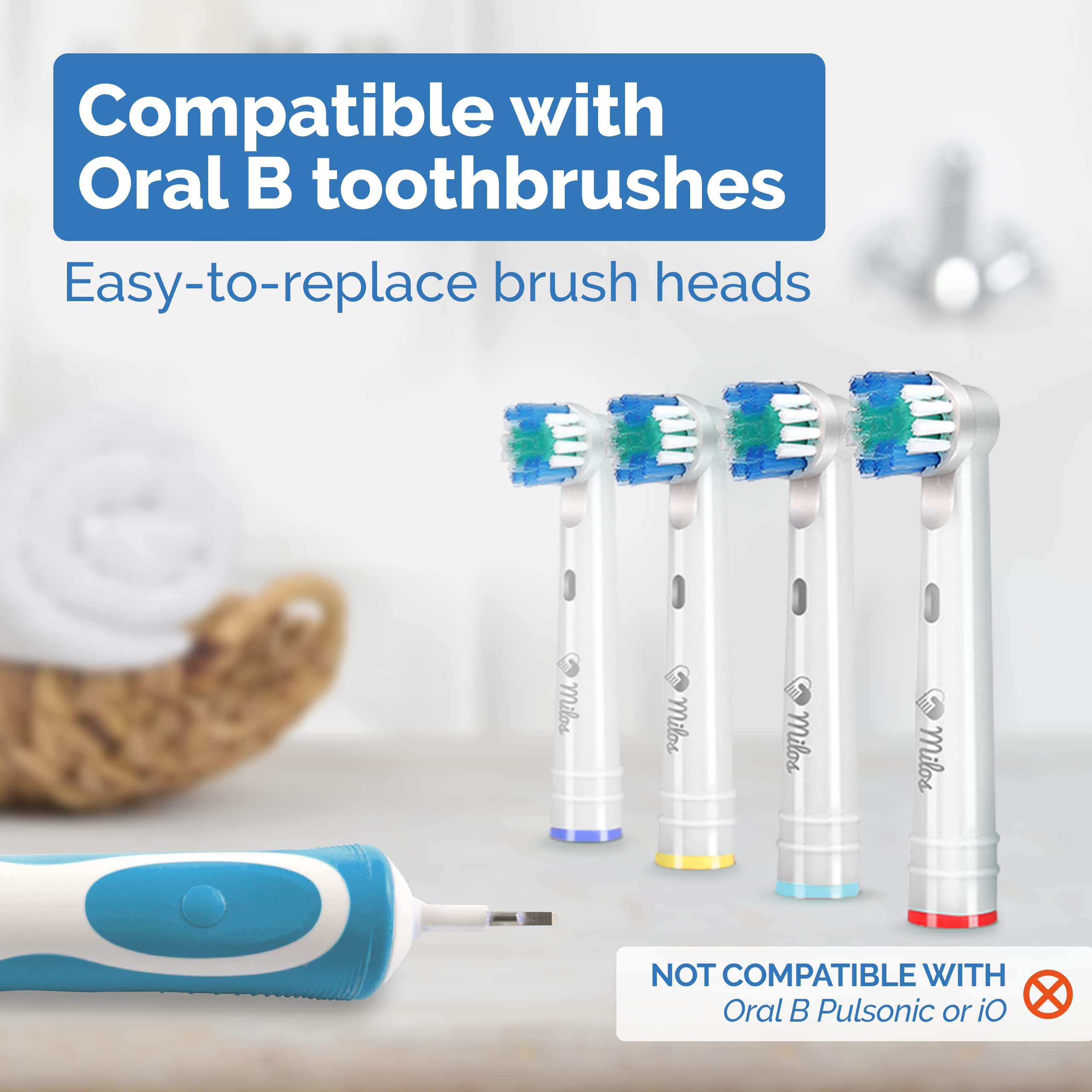 Set of 16 Milos replacement toothbrush heads for Oral-B electric toothbrushes, featuring soft bristles and compatible design.