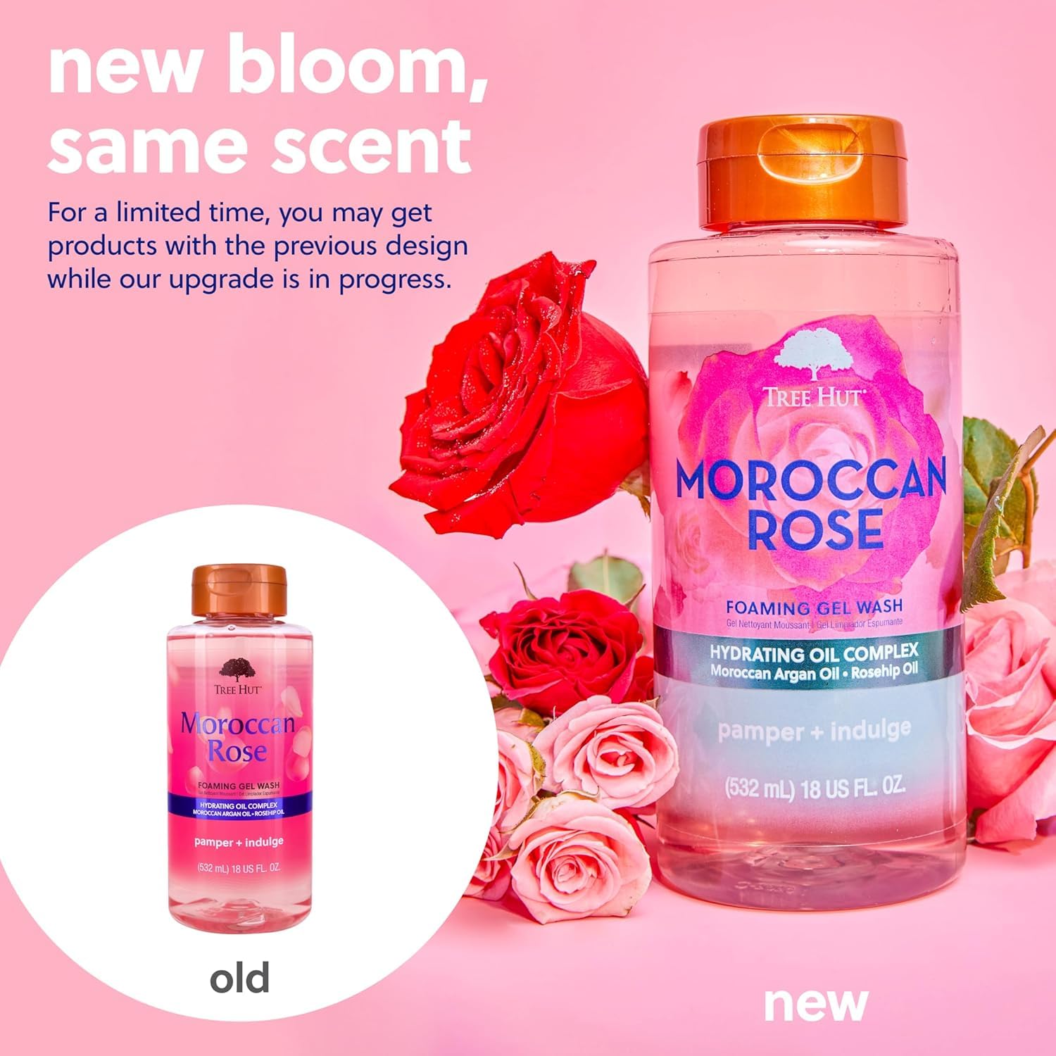 Tree Hut Moroccan Rose foaming gel body wash in 18 oz bottle, featuring rose scent and gentle skin cleaning properties.