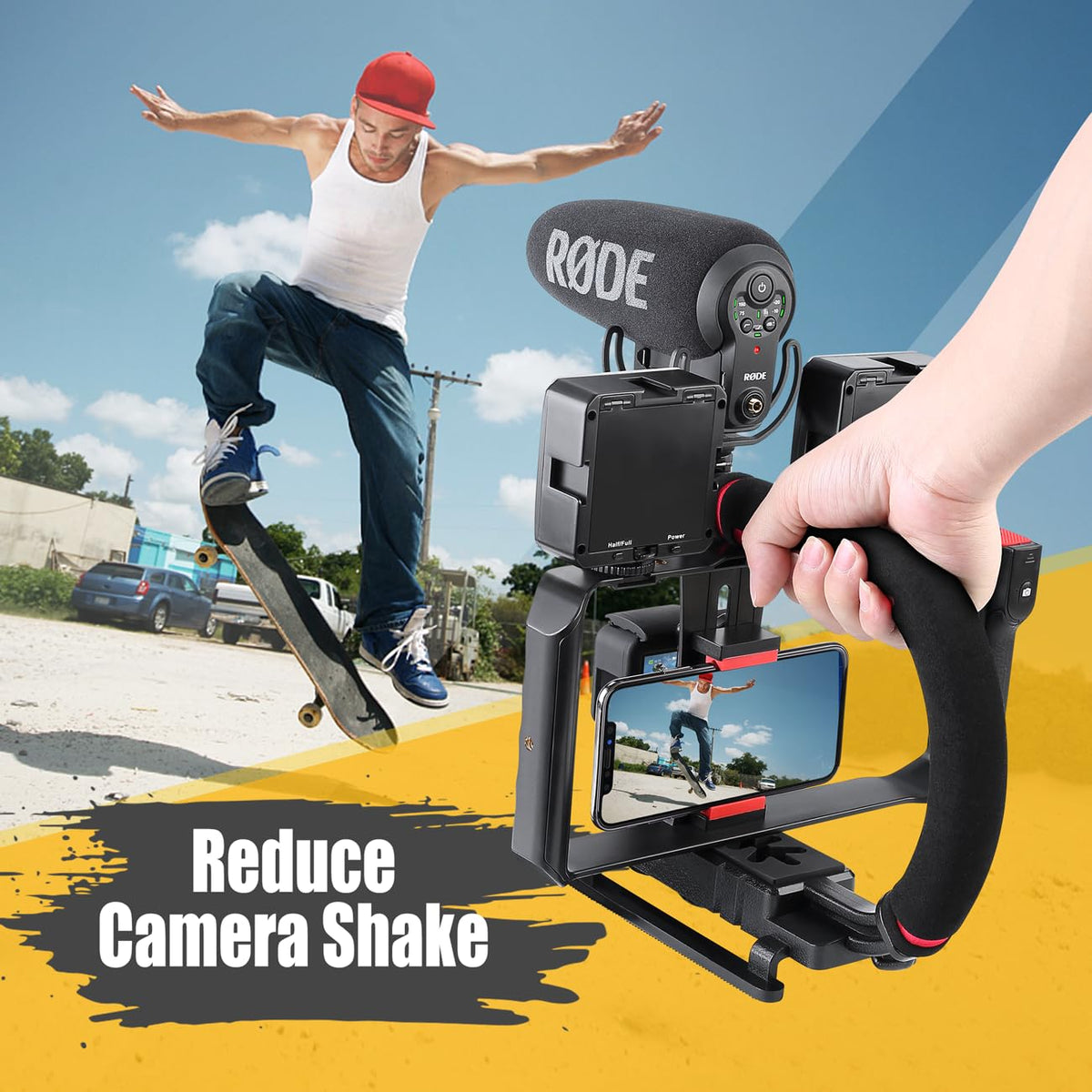 Zeadio Camera Smartphone Handheld Stabilizer, Triple Cold-Shoe Handle Grip Compatible with All Camera Action Camera DSLR