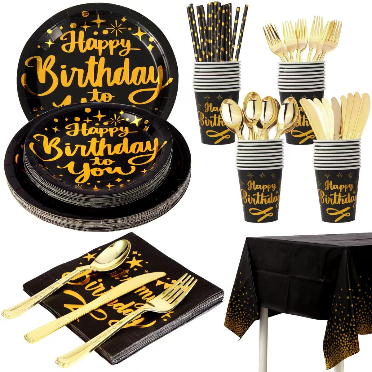 Zyzyphor 201 Pieces Birthday Plate Set, Birthday Decorations, Includes Paper Plates, Paper Cups, Straws, Napkins, Tablec