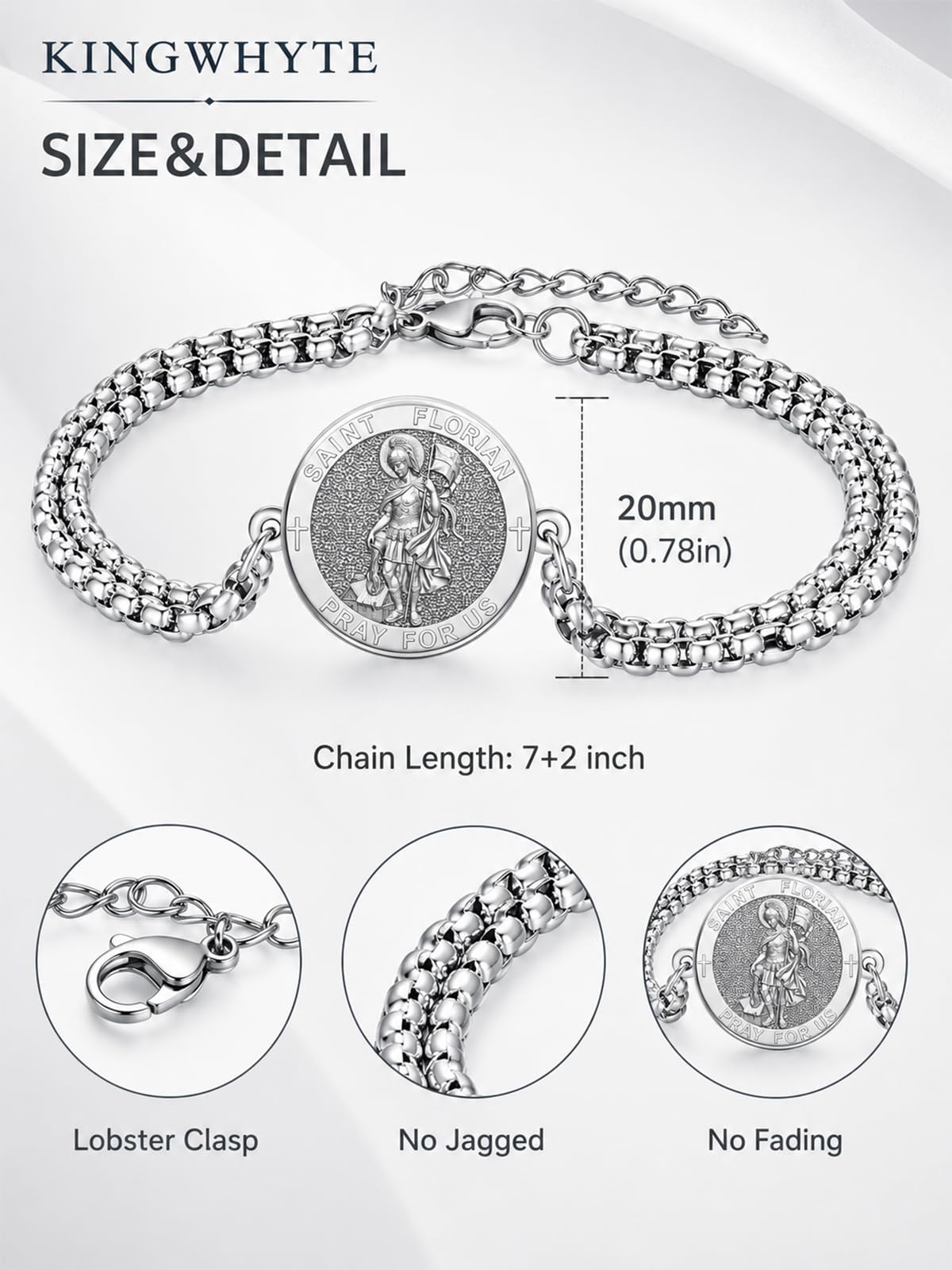 KINGWHYTE 925 Sterling Silver Saint Patron Medal Bracelet for Men Women – packaging and label