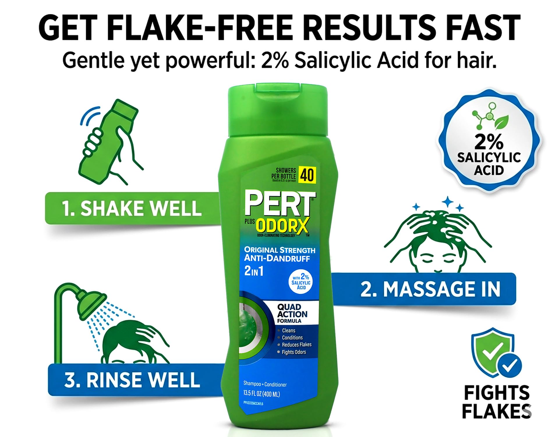 PERT 2 IN 1 Shampoo and Conditioner, Anti-Dandruff, 13.5 Fl. Oz (Pack of 6)
