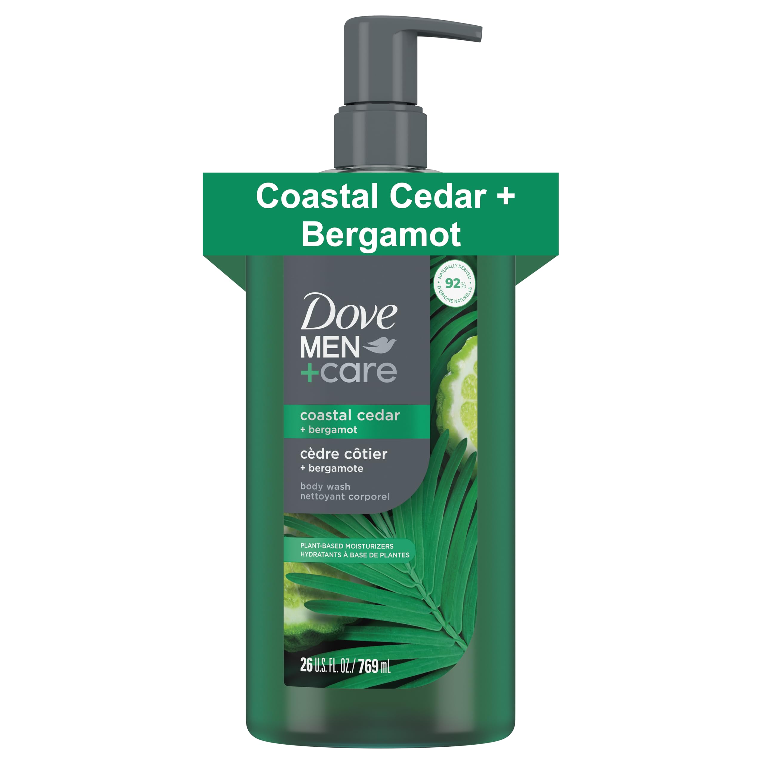 Dove Men+Care Coastal Cedar & Bergamot body wash bottle, 26oz, displaying the sleek packaging and product label.