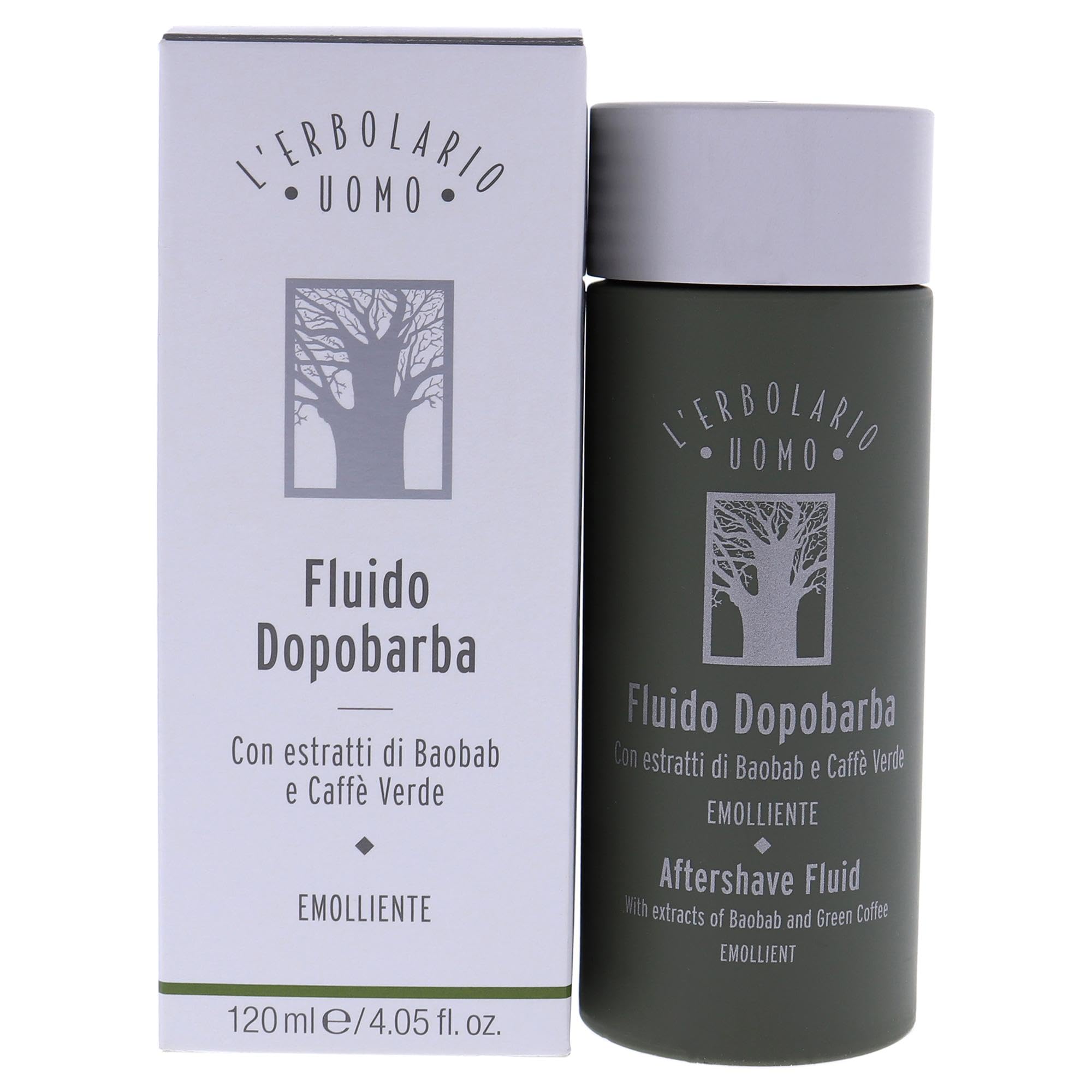 L'Erbolario Baobab and Green Coffee aftershave fluid for men, 4.05 oz, with a fresh, soothing appearance and green bottle.