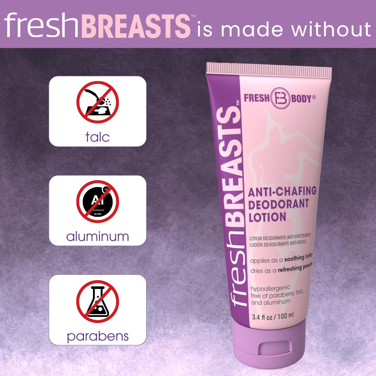 Fresh Body FB Fresh BREASTS Anti Chafing Deodorant Lotion to Powder, 3.4oz (2 Pack) - Anti Chafe Cream Whole Body Deodor