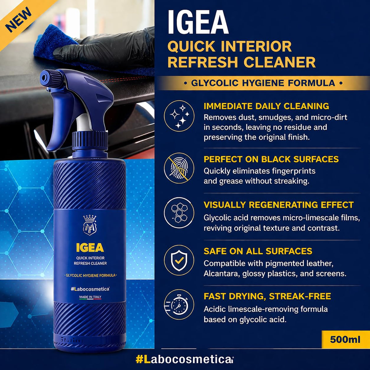 Labocosmetica IGEA Quick Refresh Interior Cleanser | Fast Wipe for Dashboards Trims and Touchscreens | Multi-Surface Int
