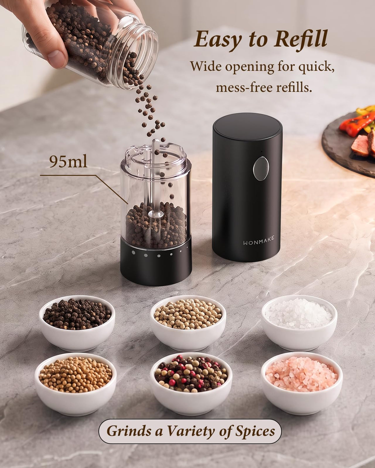 WONMAKE Electric Salt and Pepper Grinder Set with Charging Base, Black/Set – alternate angle
