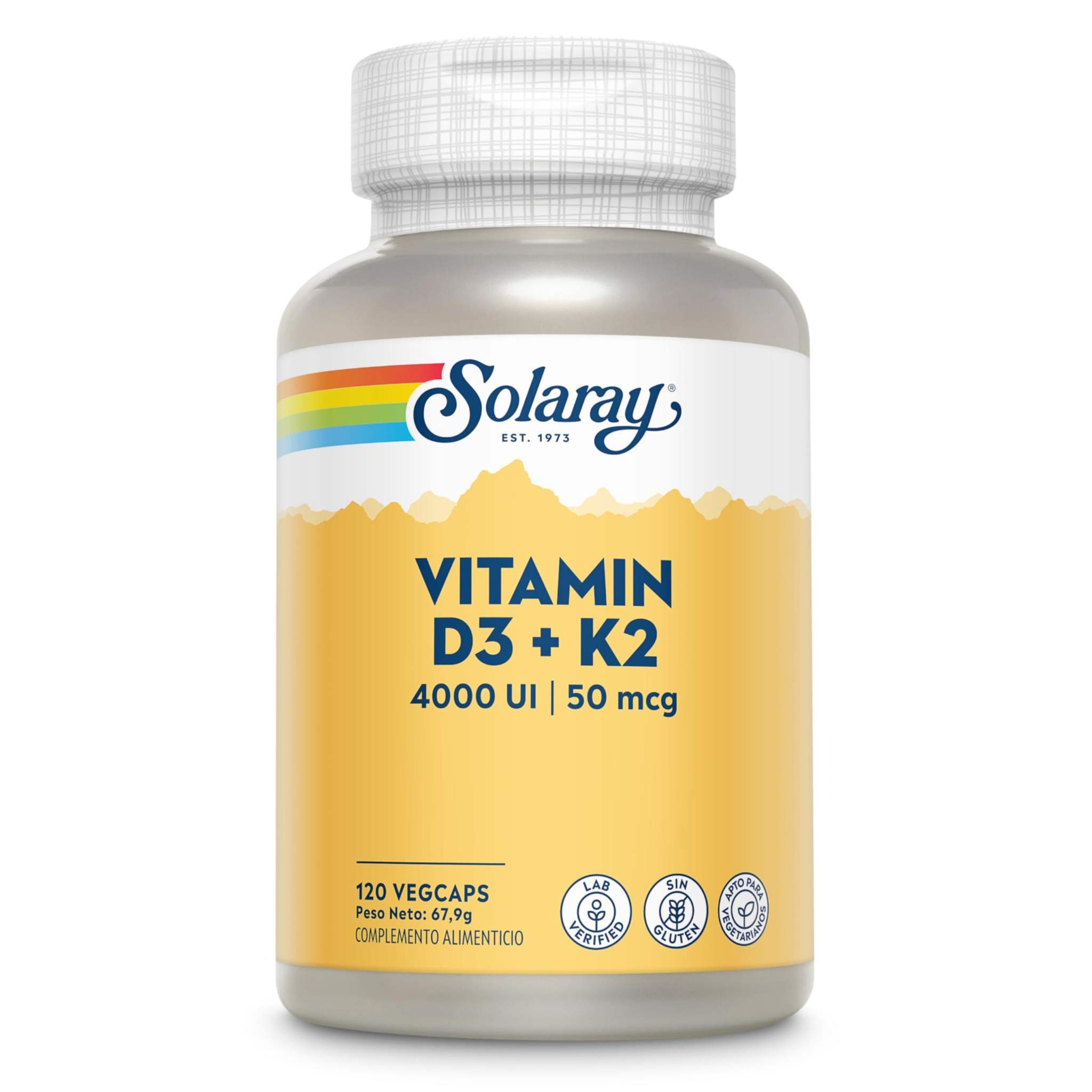 Solaray Vitamin D3 K2 5000 IU MK7 supplement in 120 vegetarian capsules, showing the bottle and label.