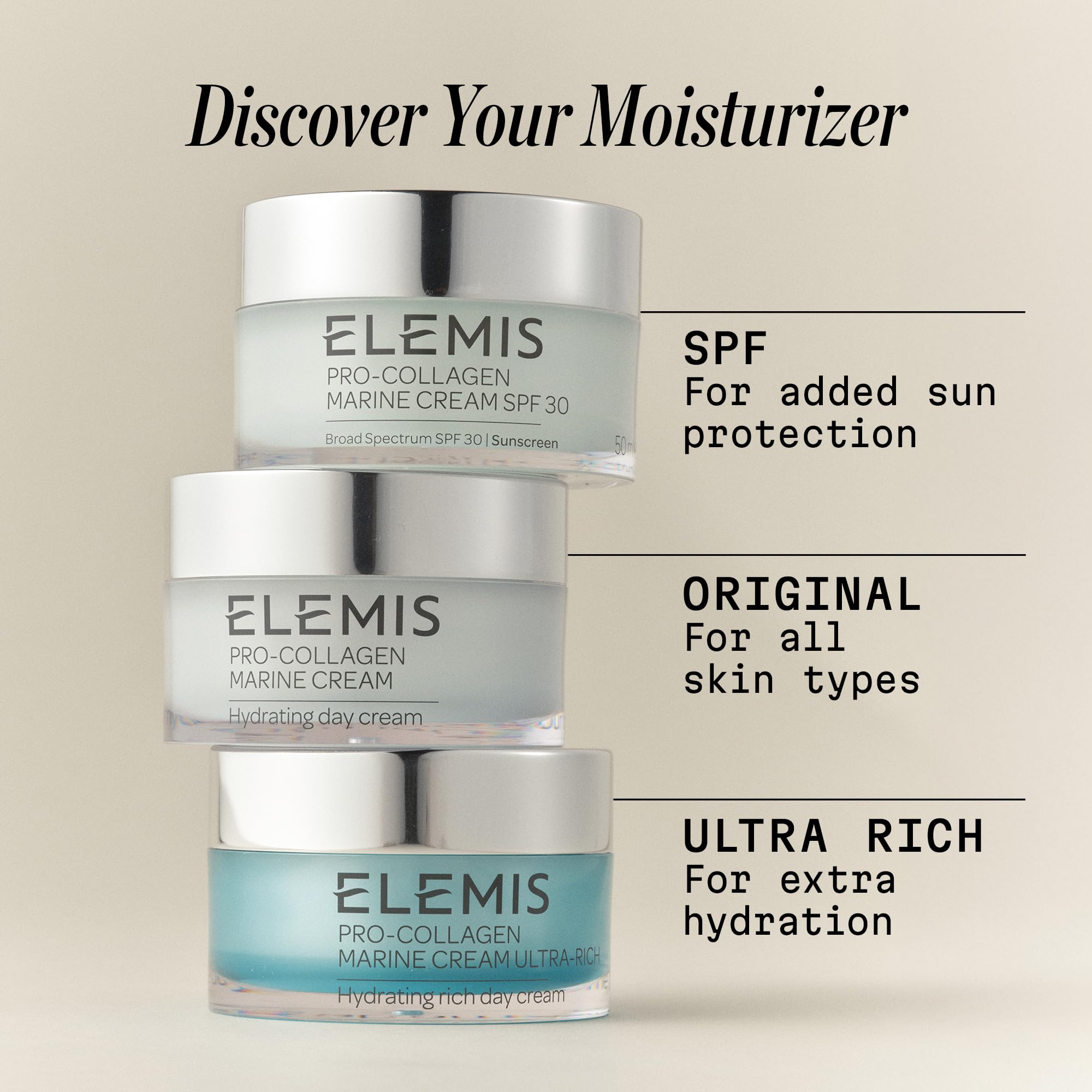 ELEMIS Pro-Collagen Marine Cream SPF 30 anti-wrinkle moisturizer in 50 ml jar, hydrating skincare with sun protection.