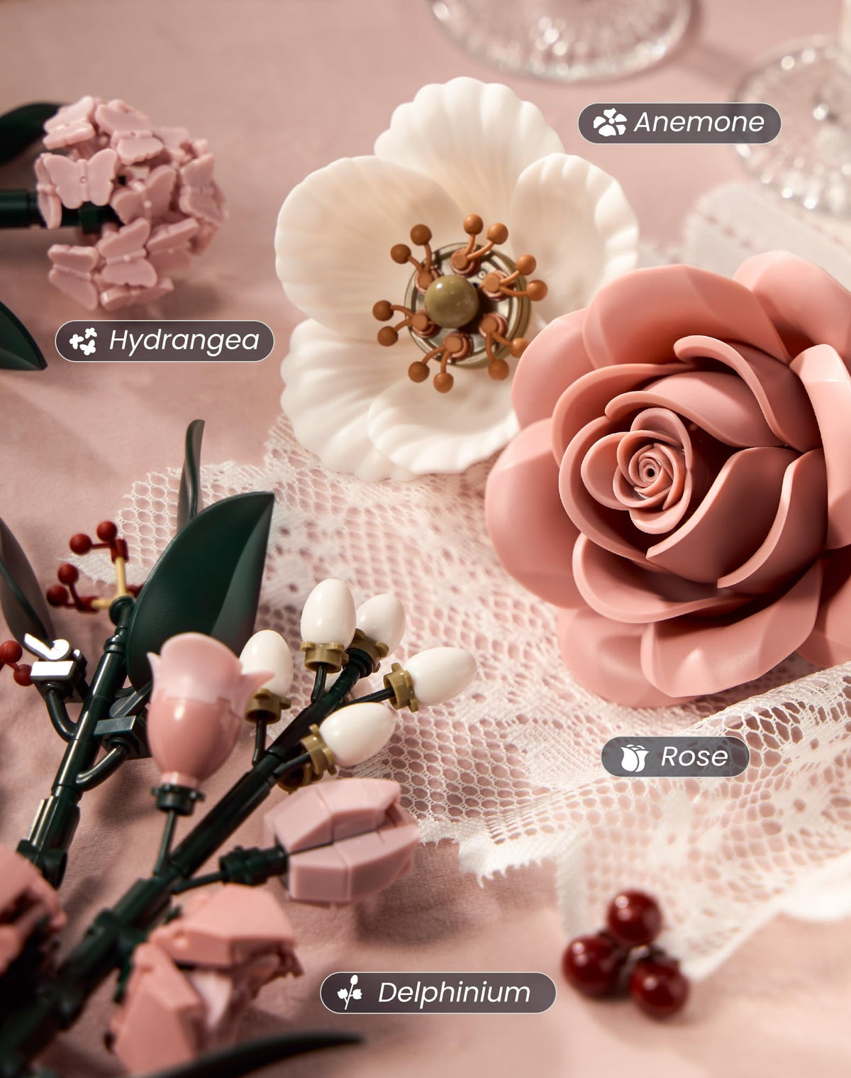 Pink Roses Flower Bouquet Building Set for Adult Gift Idea - iATOM Official Imagery - 4